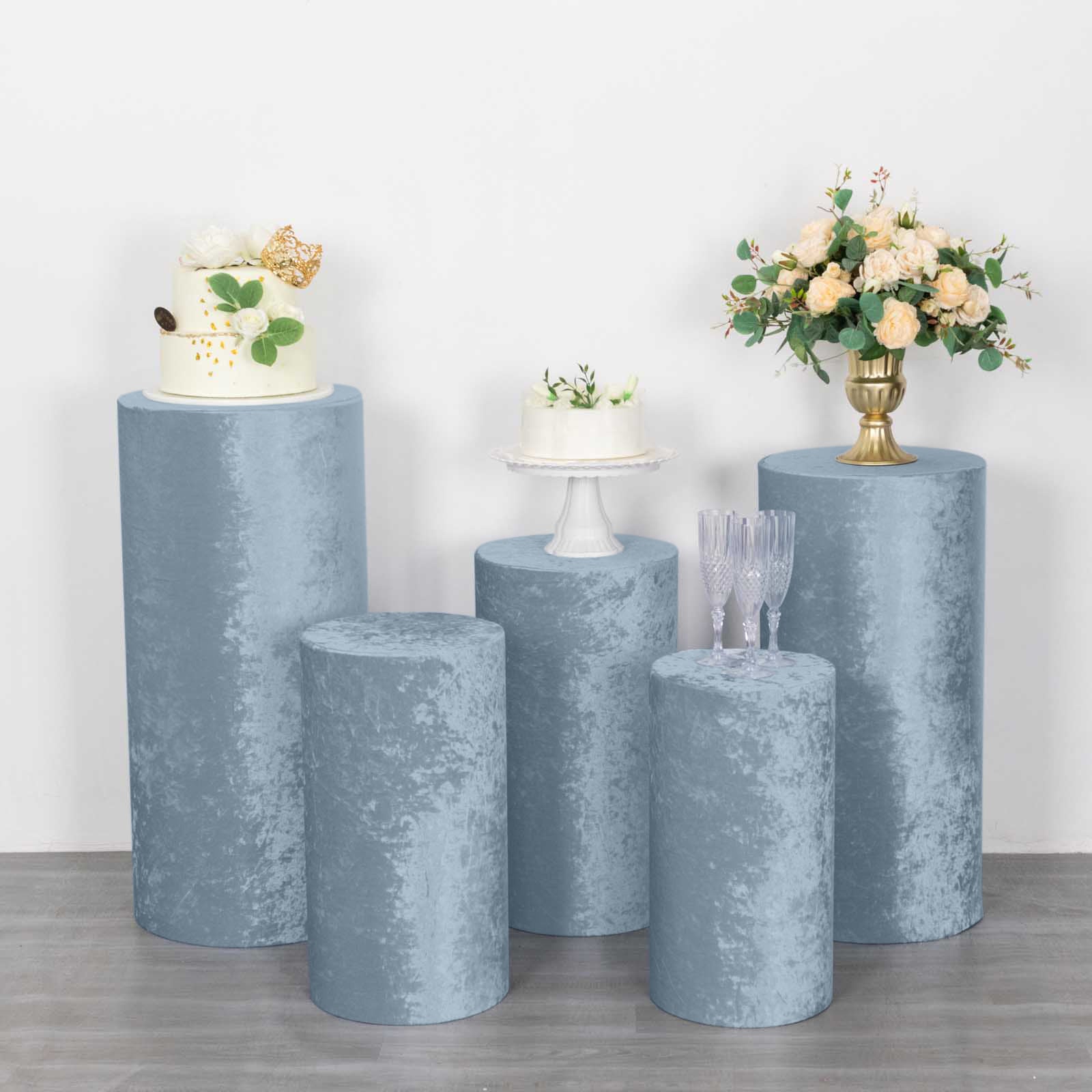 Dusty blue crushed velvet pedestal stand covers set of 5.