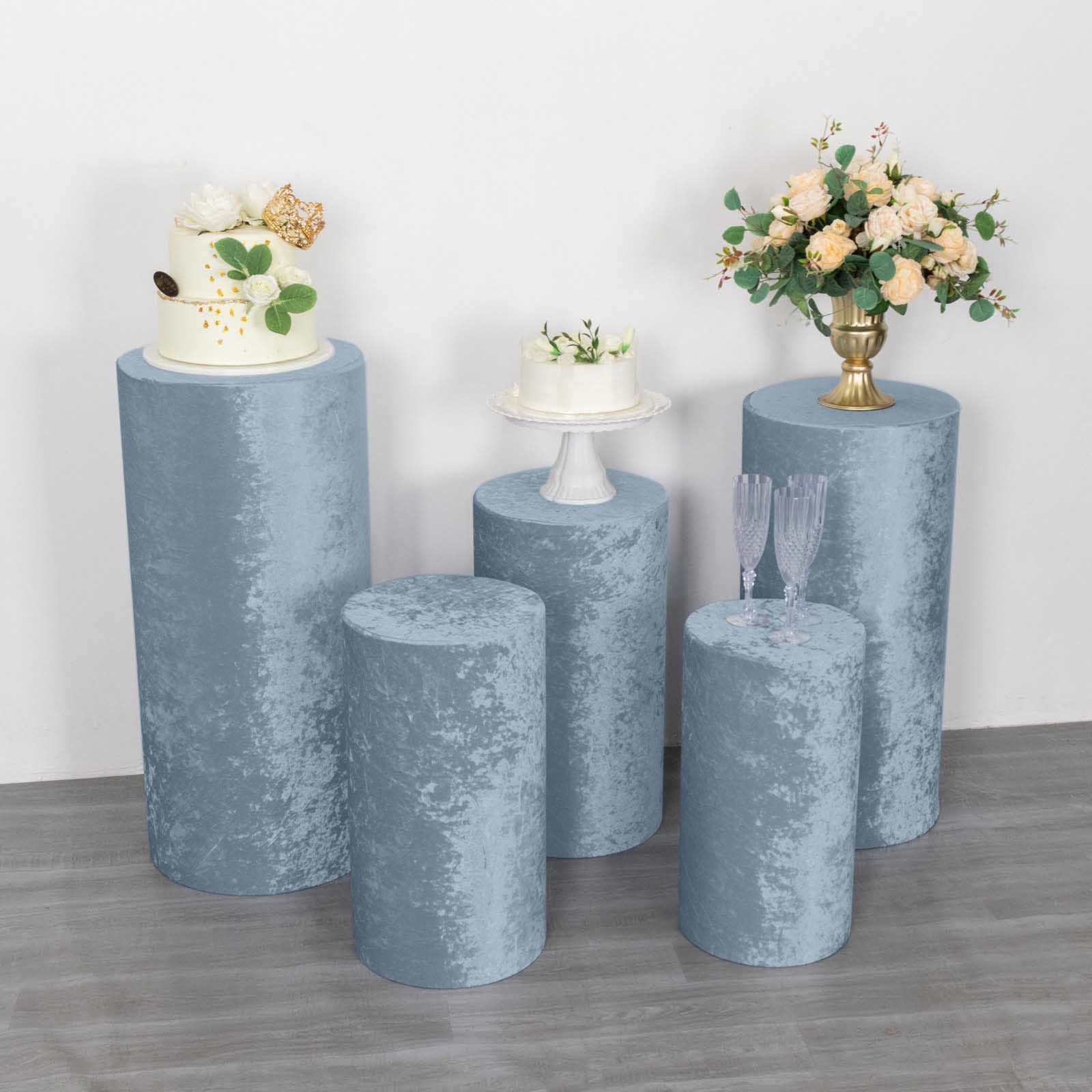 Dusty blue crushed velvet pedestal stand covers set of 5.