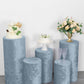 Dusty blue crushed velvet pedestal stand covers for decor and events.