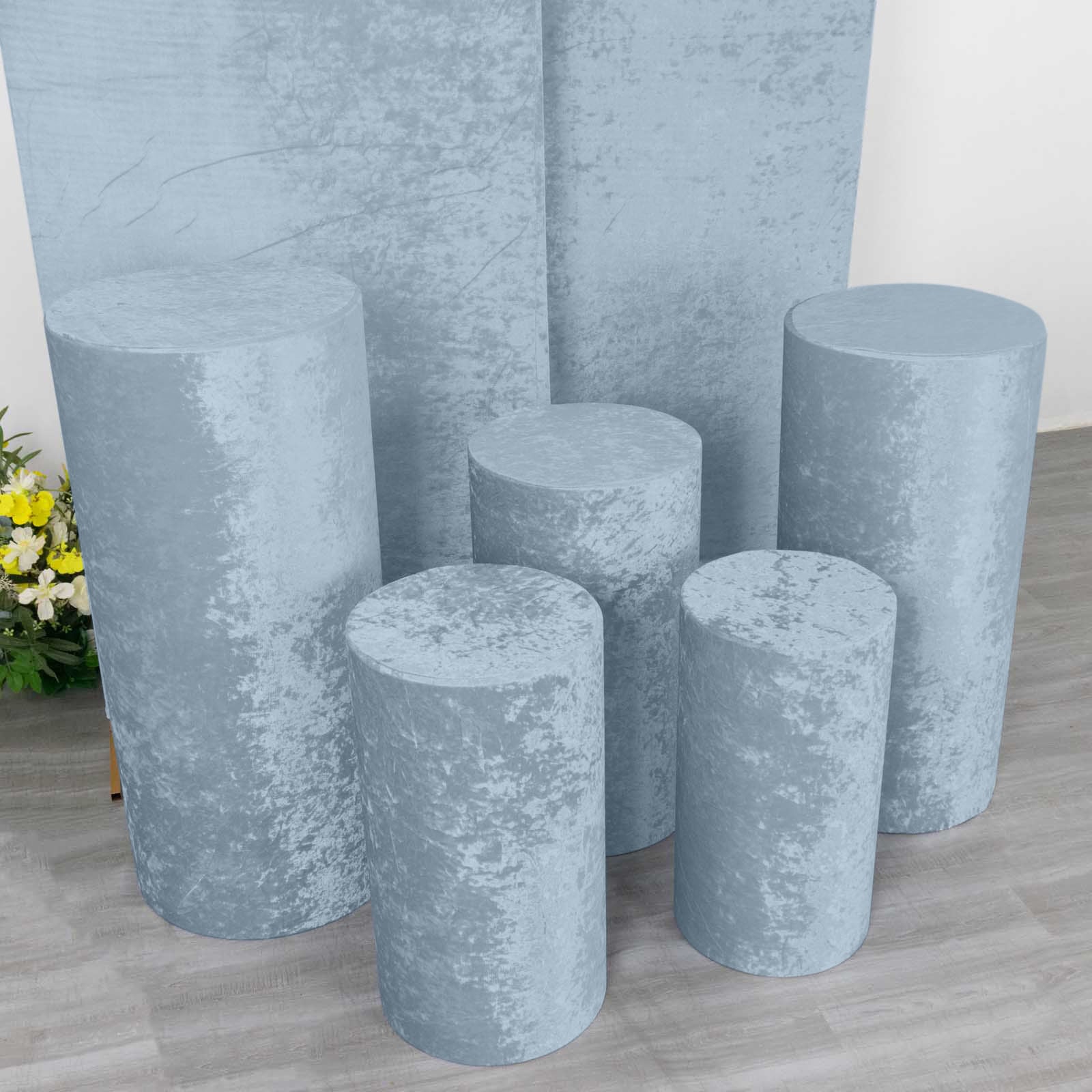 Dusty blue crushed velvet pedestal stand covers set of 5.