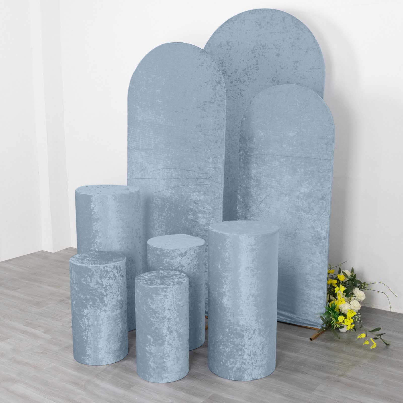 Dusty blue crushed velvet cylinder pedestal stand covers set of 5.