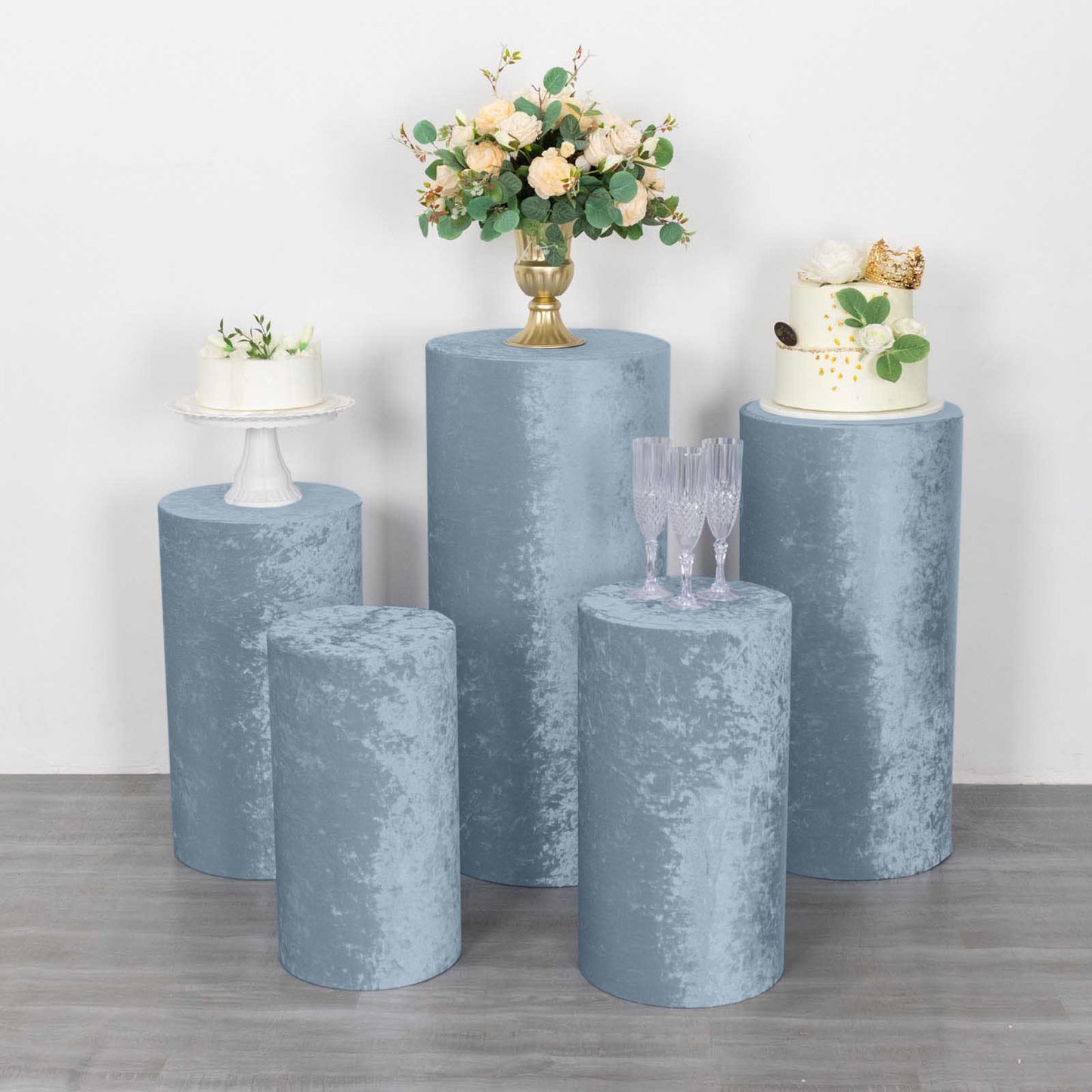 Dusty blue crushed velvet cylinder pedestal stand covers set of 5.