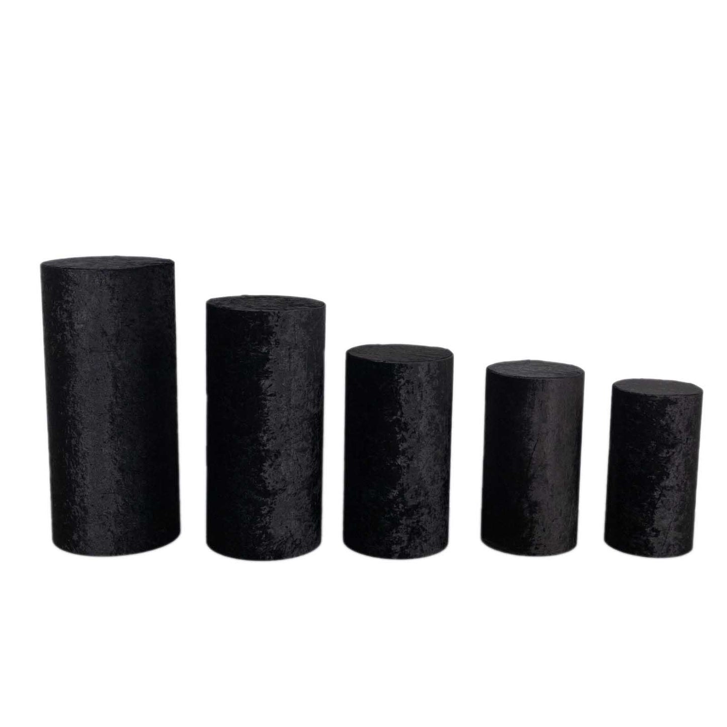 Set of 5 black crushed velvet pedestal stand covers.