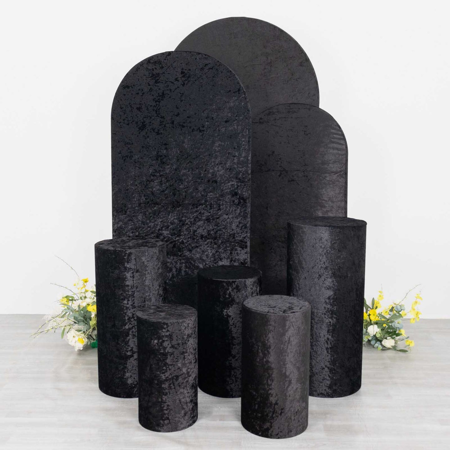 Black crushed velvet pedestal stand covers set of 5.