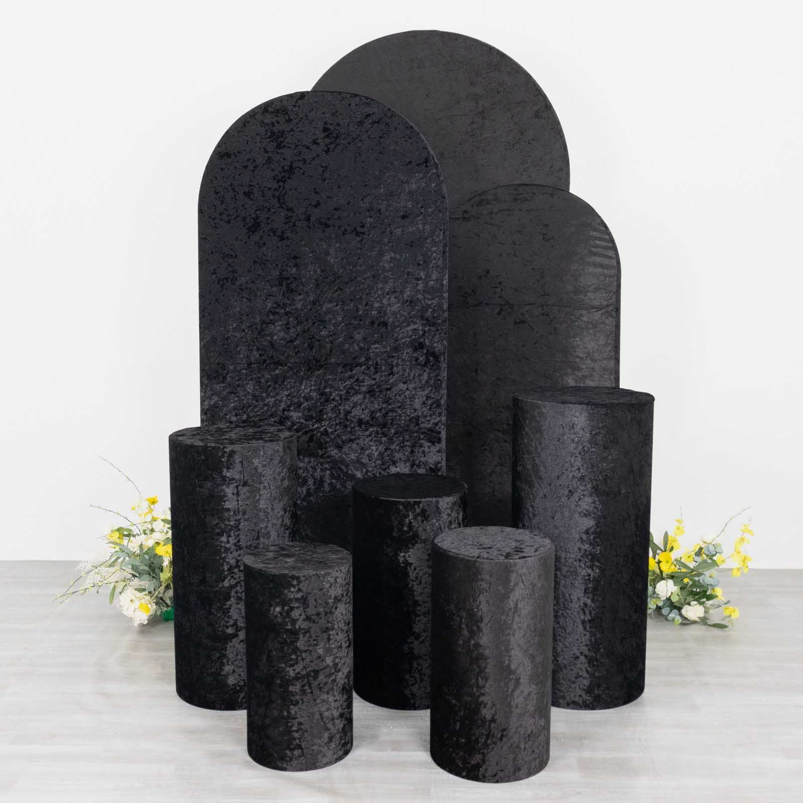 Black crushed velvet pedestal stand covers set of 5.