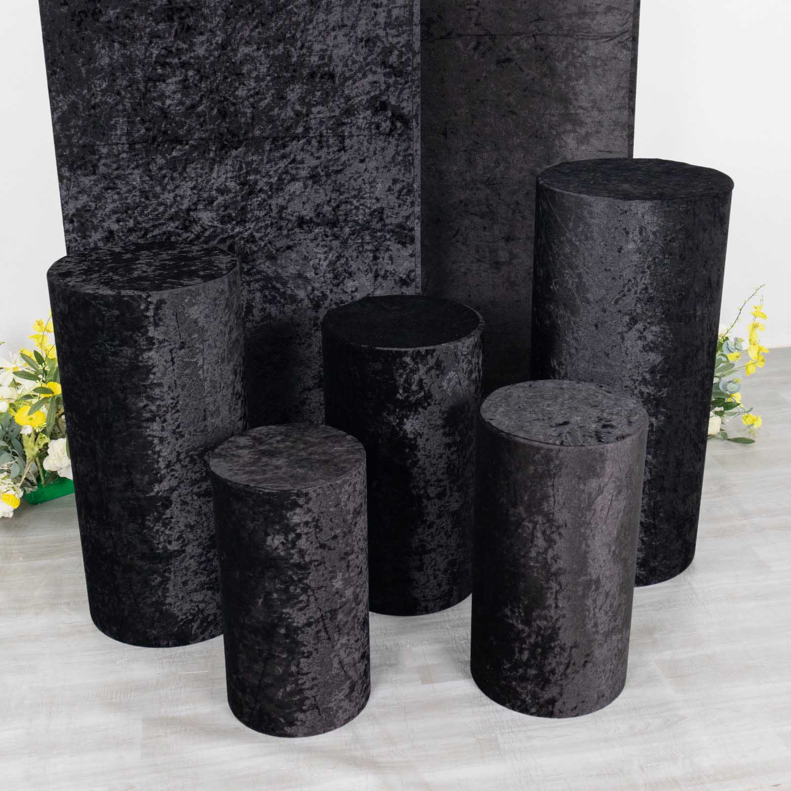 Black crushed velvet pedestal stand covers set of 5.
