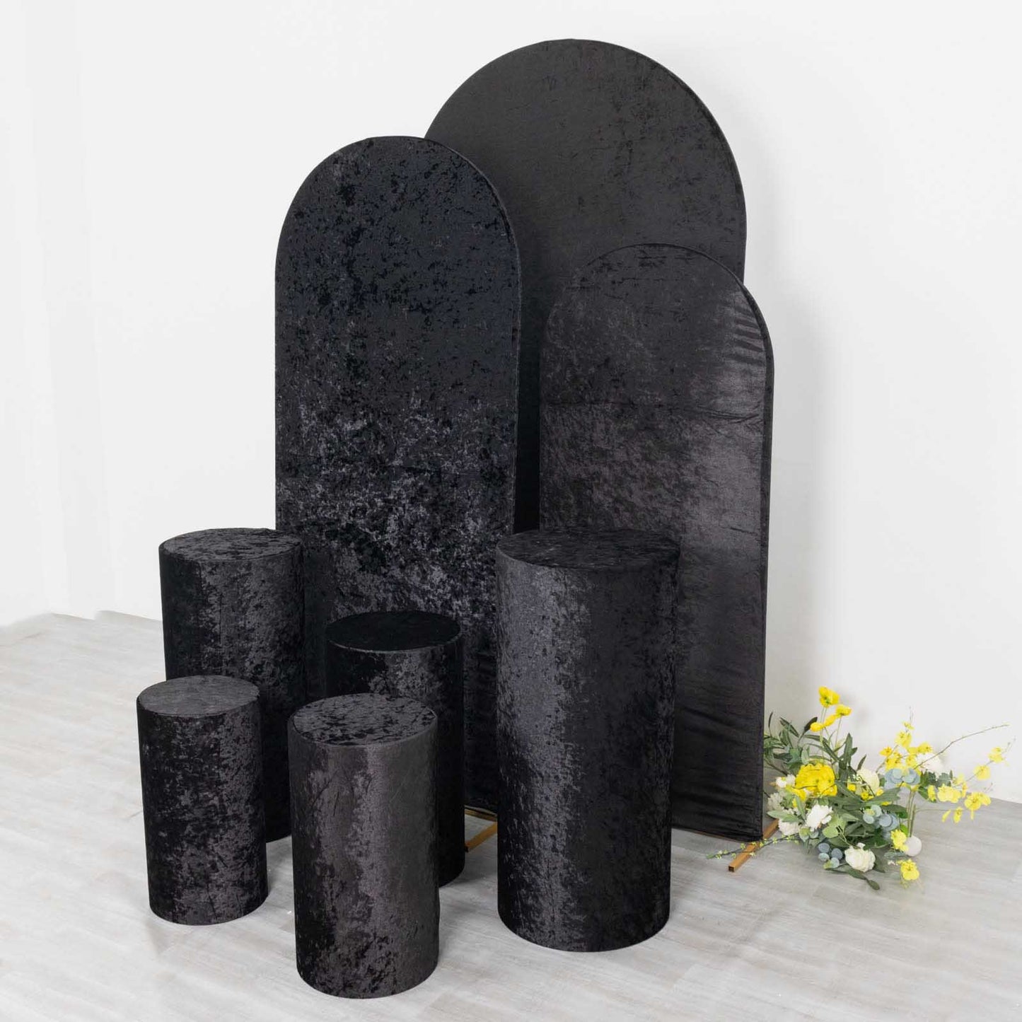 Black velvet pedestal stand covers set of 5 for elegant displays.