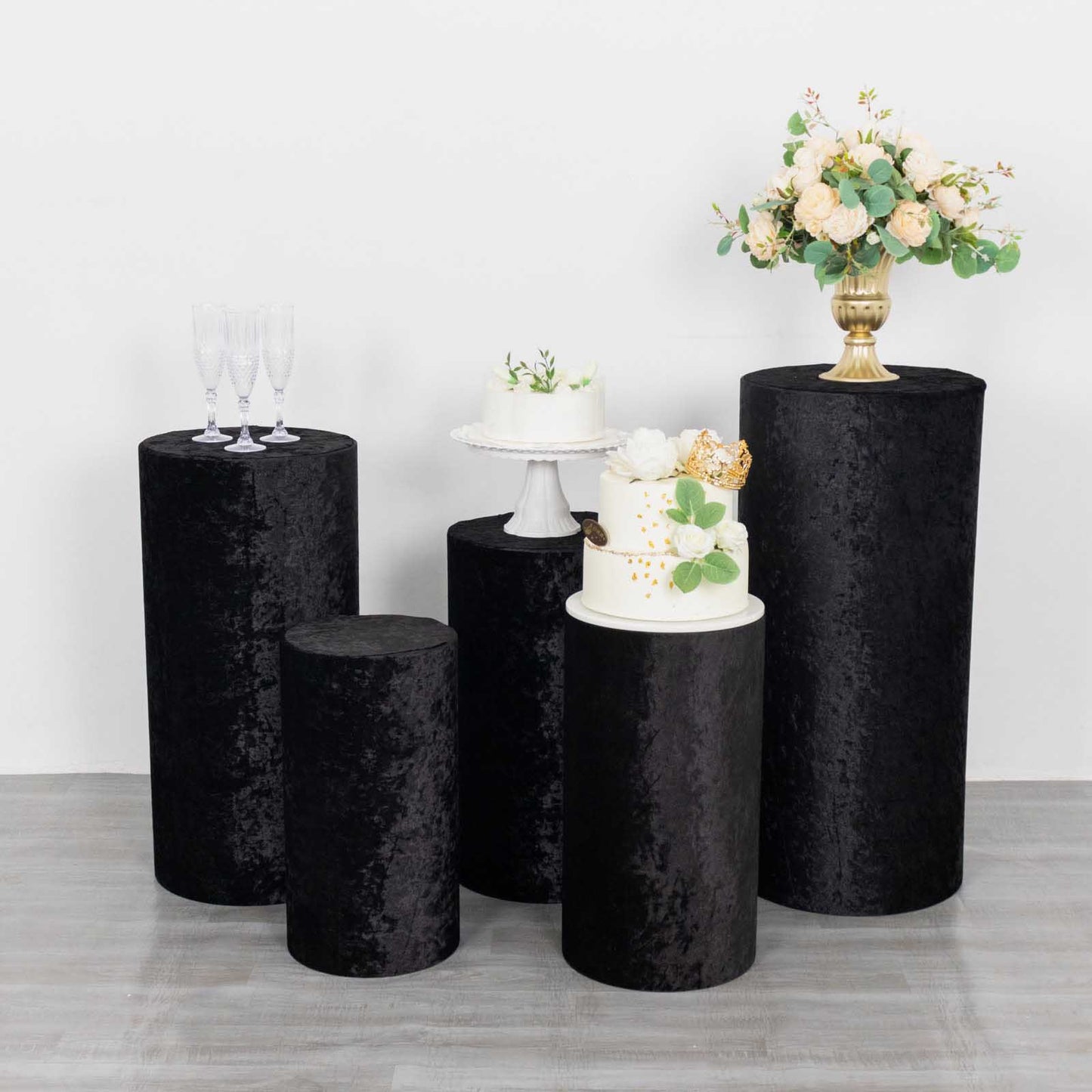 Black crushed velvet pedestal stand covers set of 5.