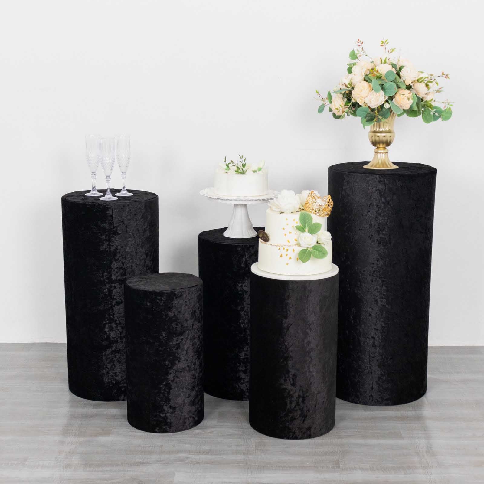 Black crushed velvet pedestal stand covers set of 5.