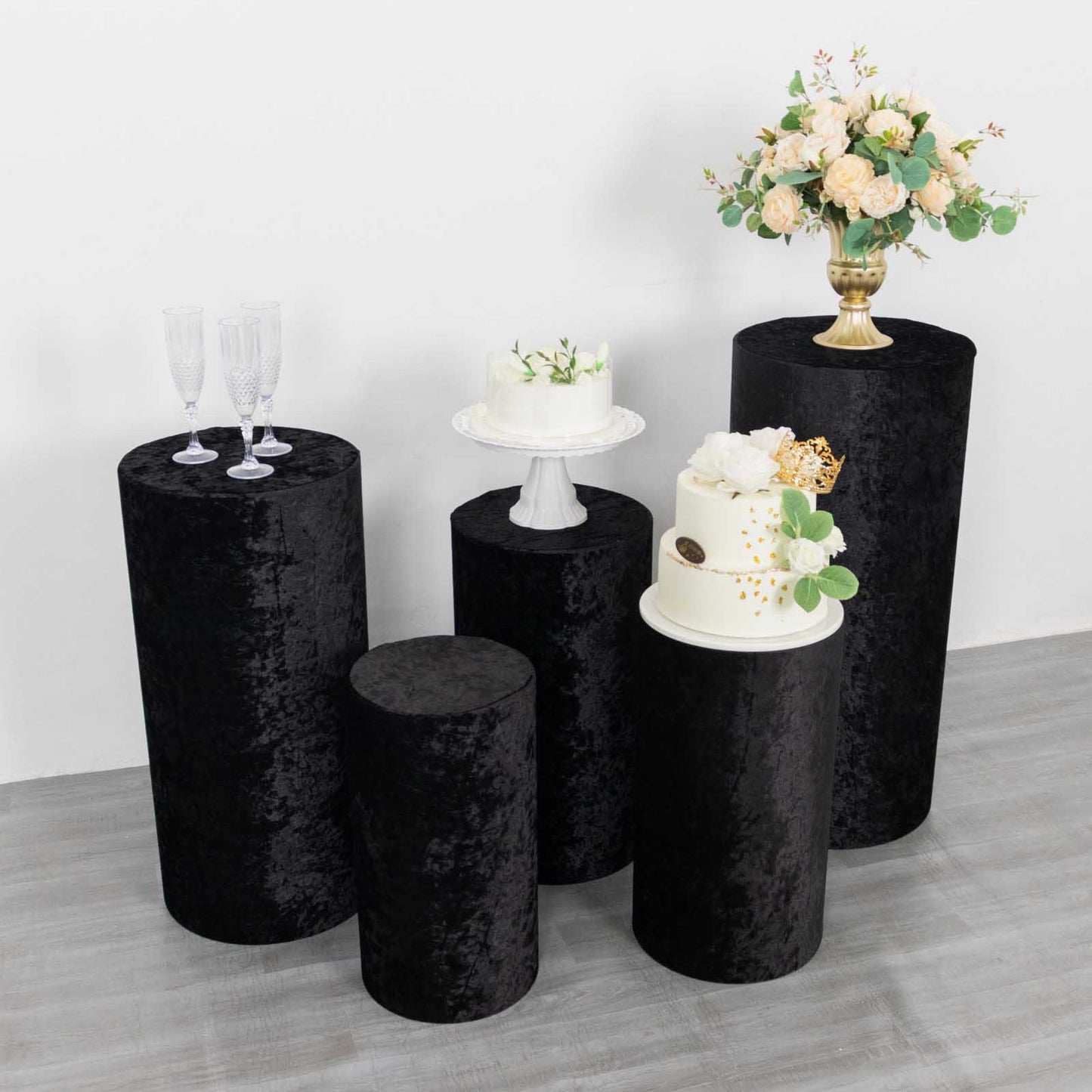 Black crushed velvet pedestal stand covers set of 5.