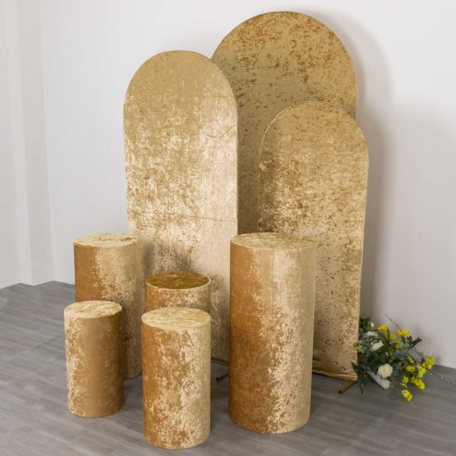 Champagne crushed velvet pedestal stand covers set of 5.