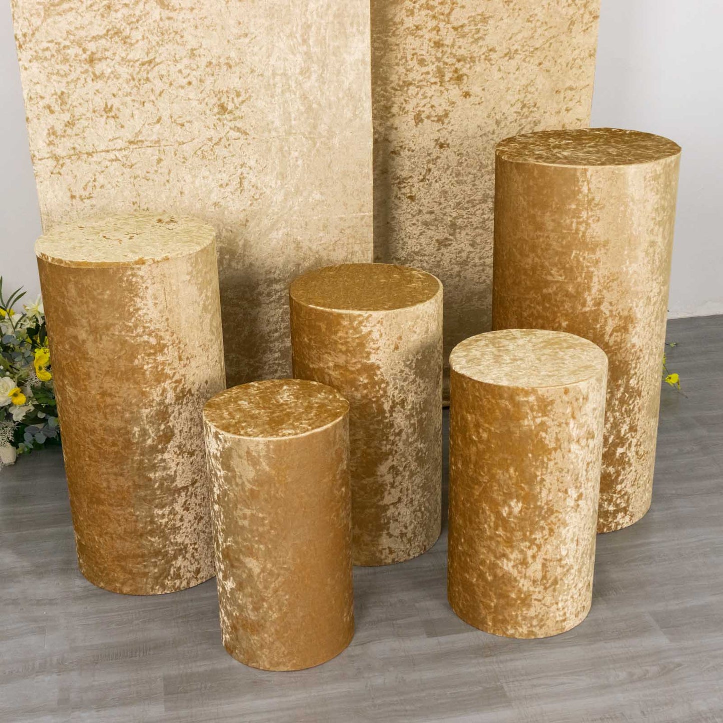 Champagne crushed velvet pedestal stand covers set of 5.