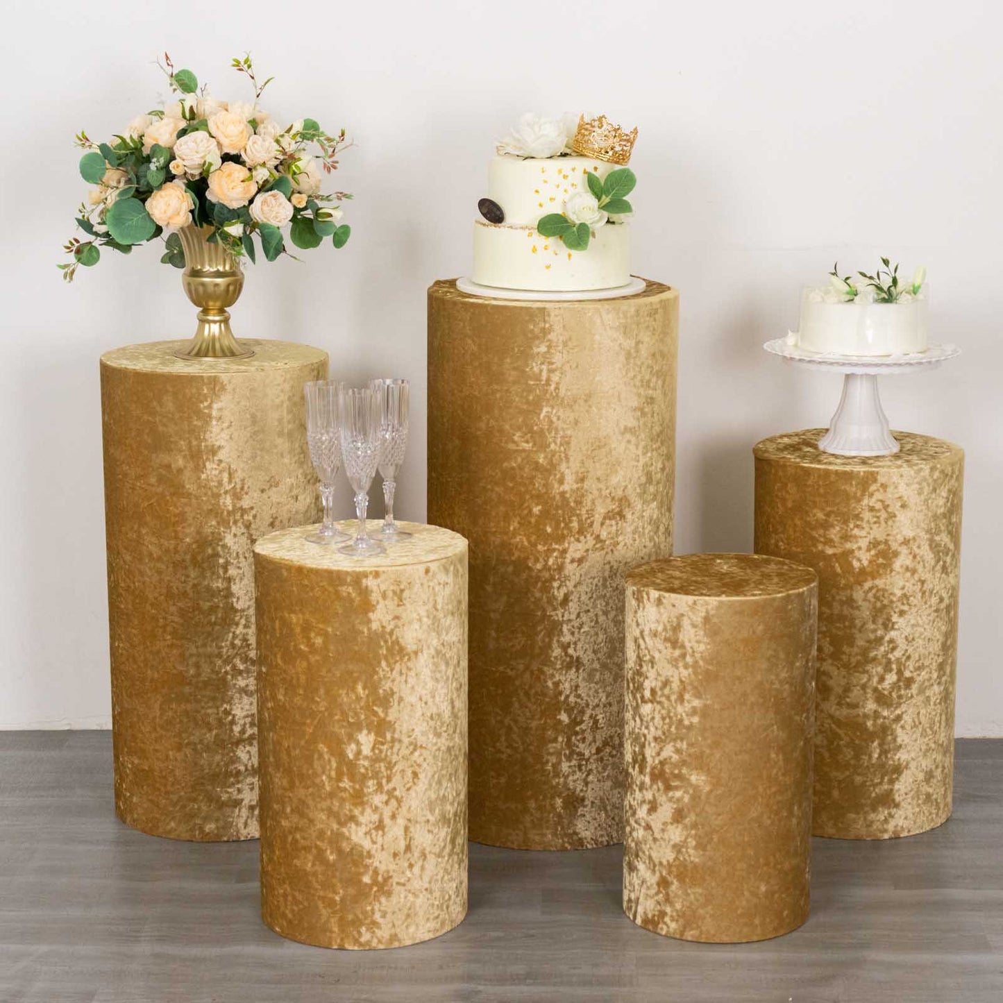 Champagne crushed velvet pedestal stand covers set of 5.