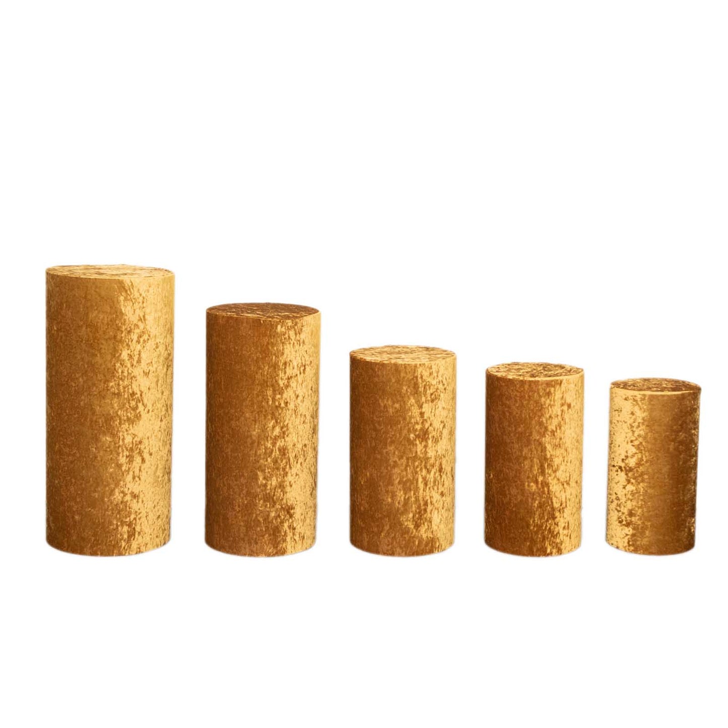 Gold crushed velvet pedestal stand covers in a set of five.