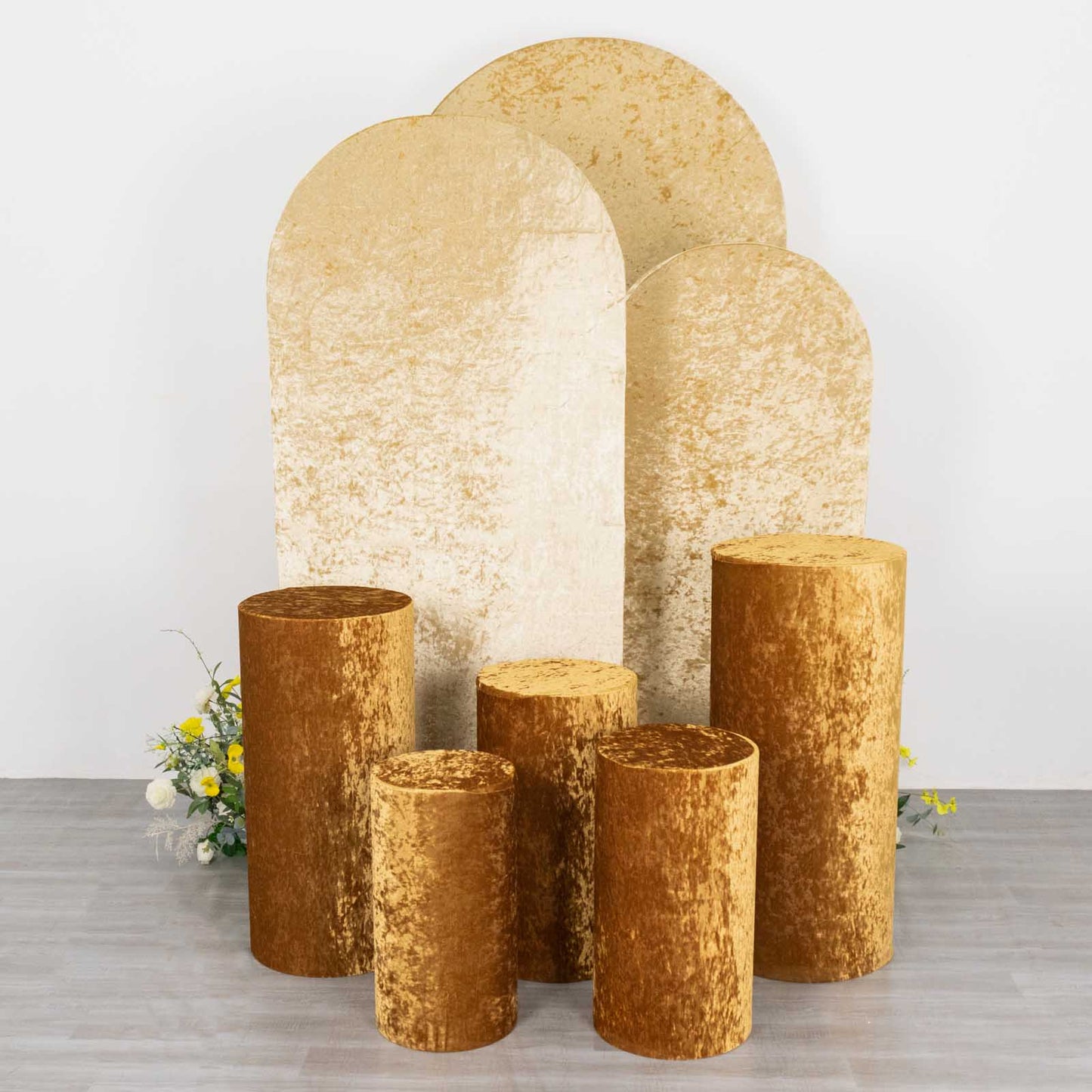 Gold crushed velvet pedestal stand covers set of 5.