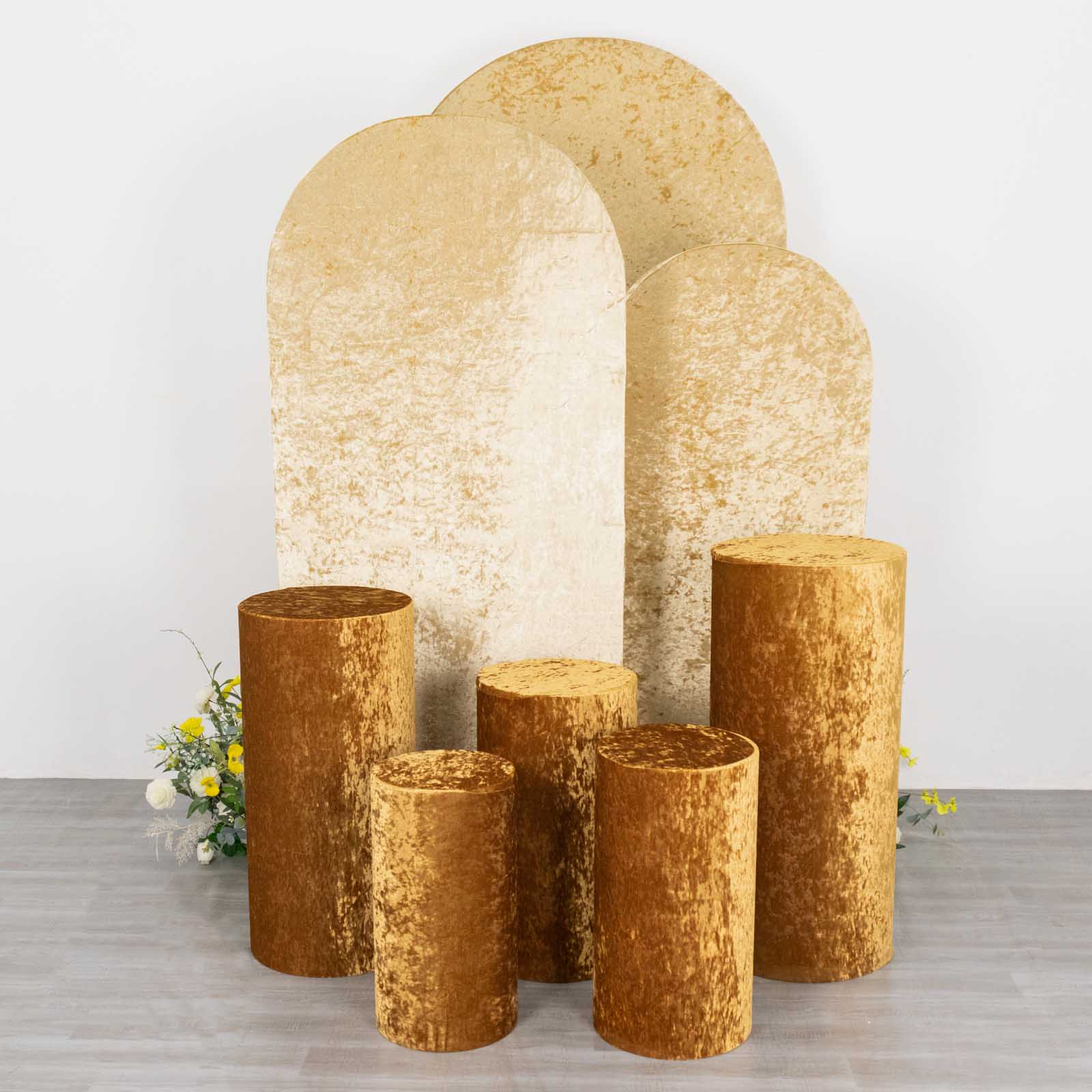 Gold crushed velvet pedestal stand covers set of 5.
