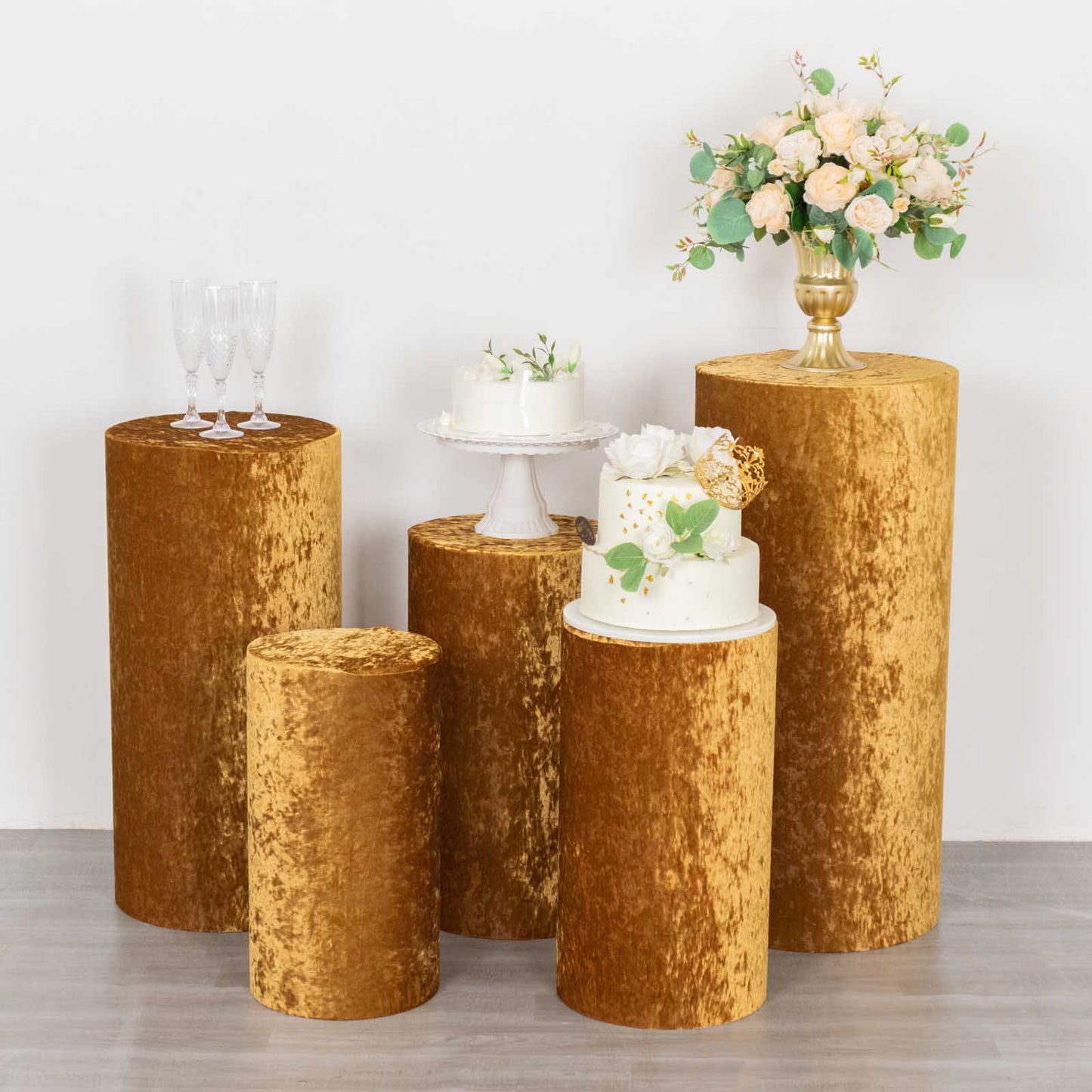 Gold crushed velvet pedestal stand covers set of 5.