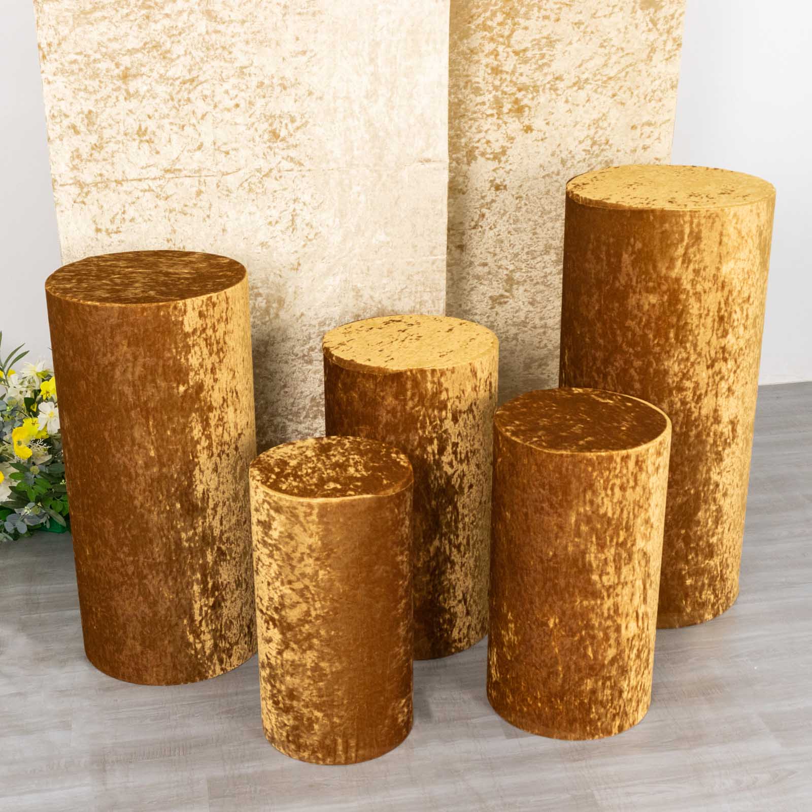 Gold crushed velvet pedestal stand covers set of 5.