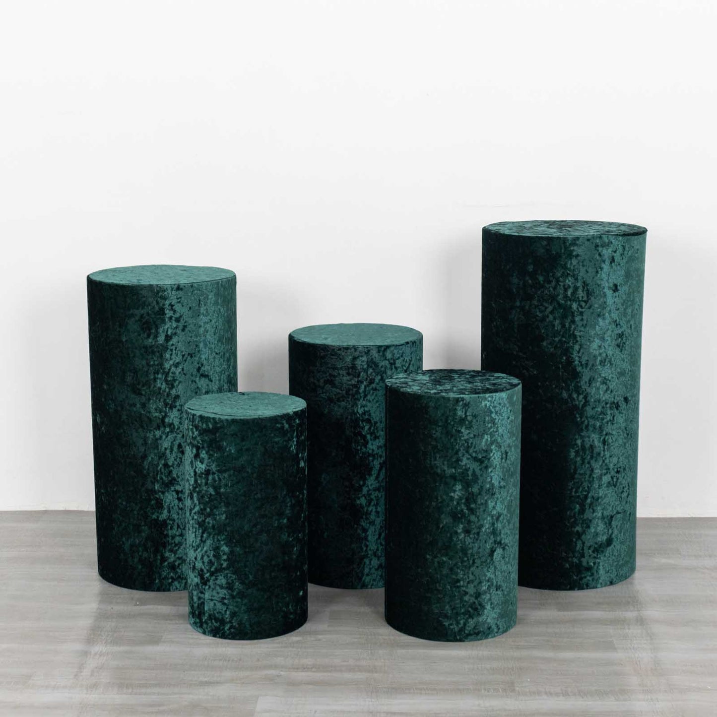 Emerald green crushed velvet cylinder pedestal stand covers set of 5.
