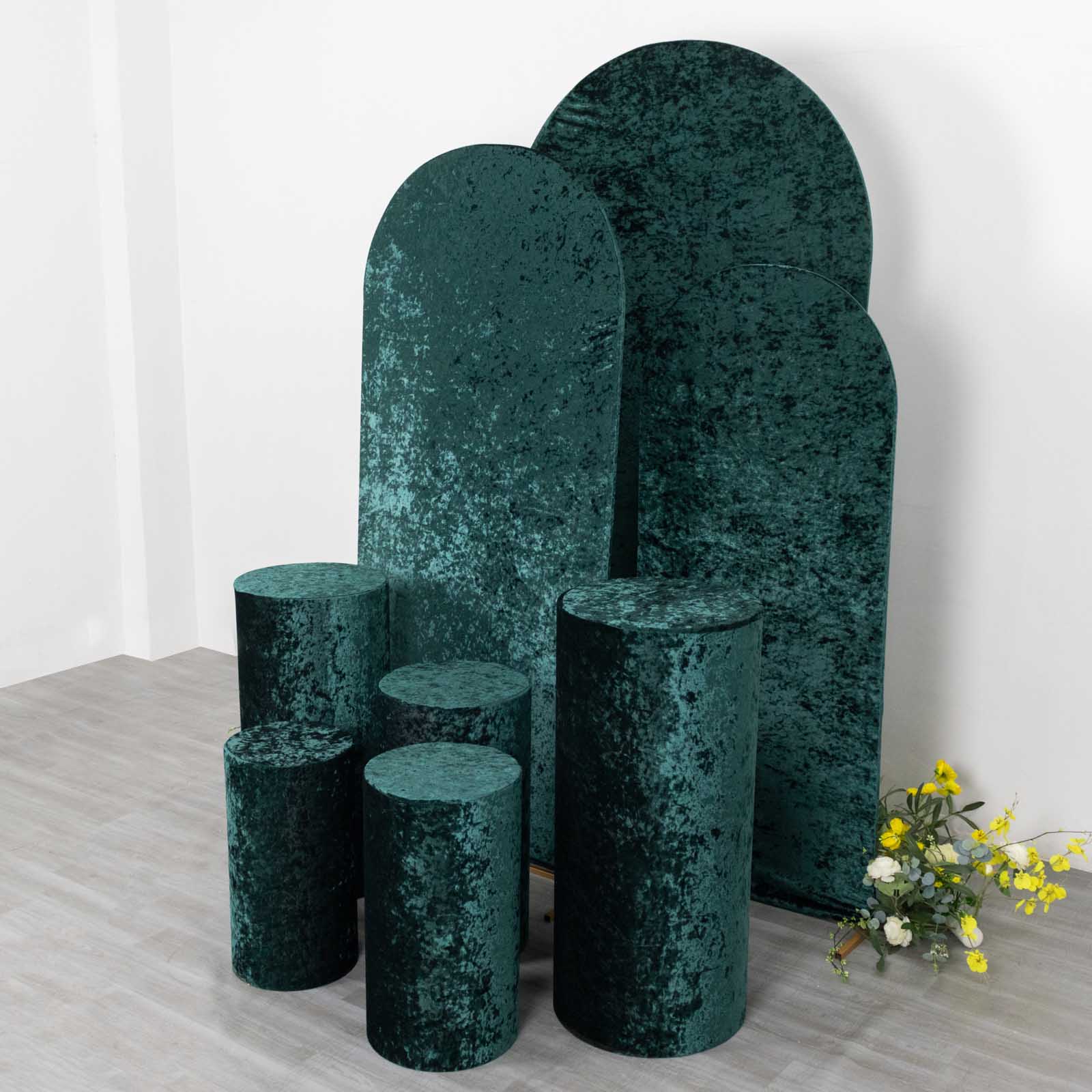 Hunter emerald green crushed velvet pedestal stand covers set.