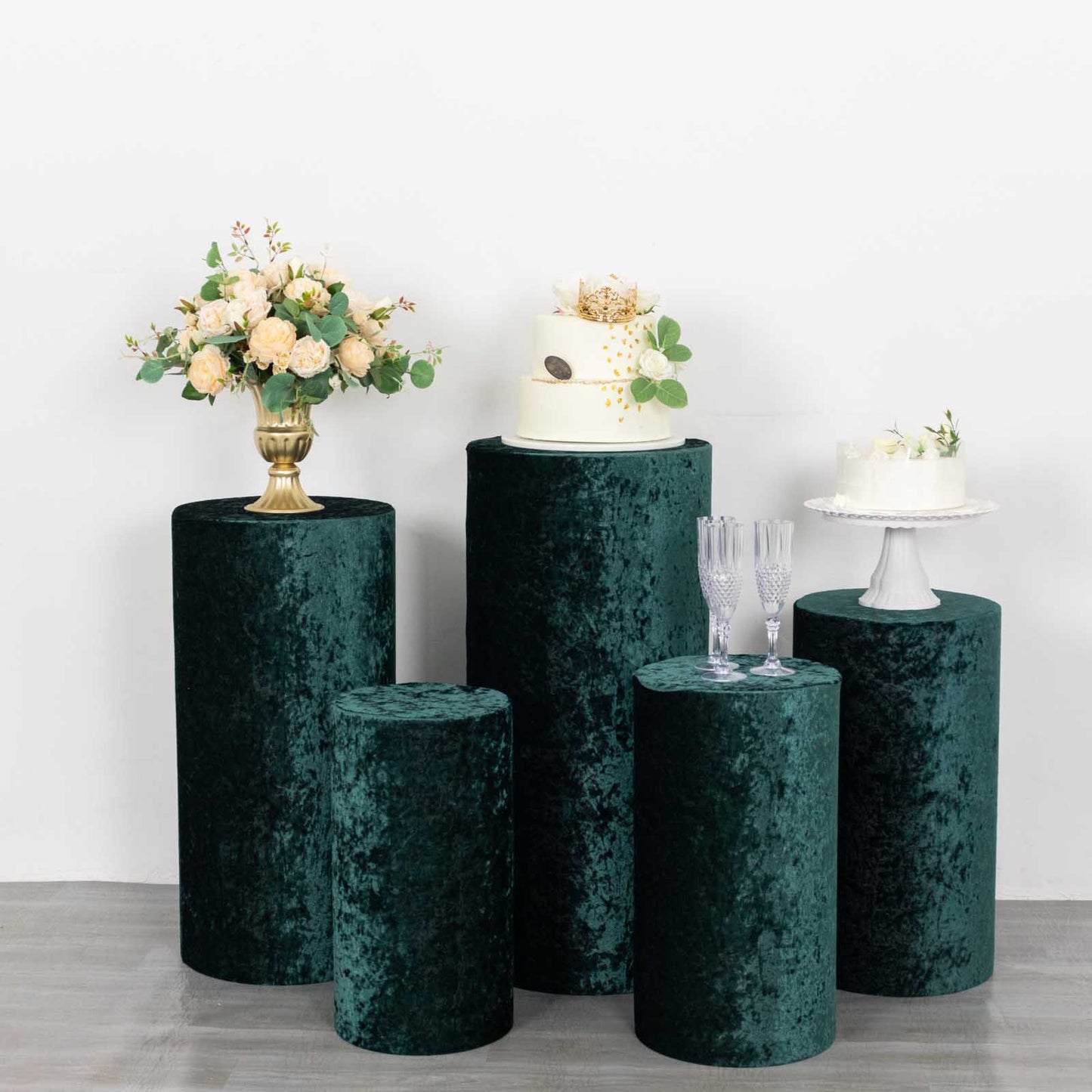 Emerald green crushed velvet pedestal stand covers set of 5.
