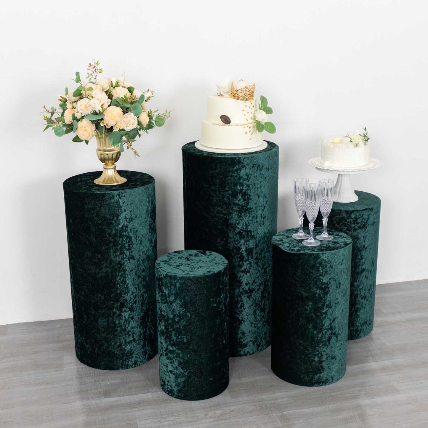 Emerald green crushed velvet pedestal stand covers set of 5.