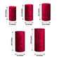 Set of 5 red crushed velvet pedestal stand covers in various sizes.