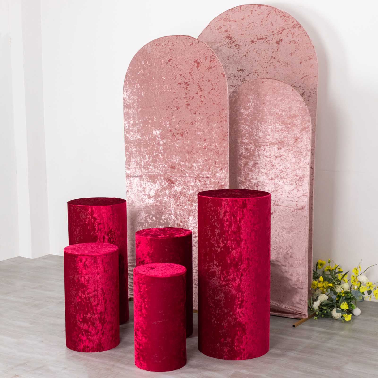 Red crushed velvet pedestal stand covers set.