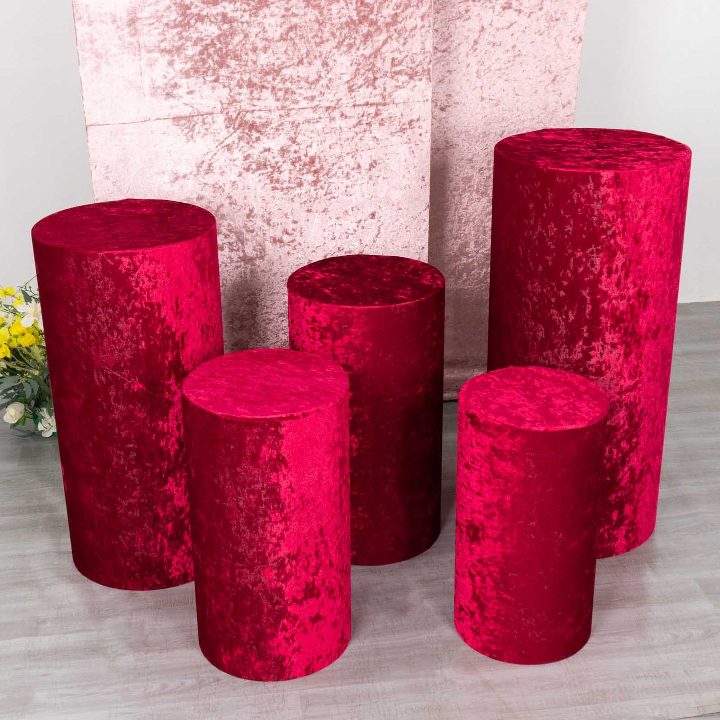 Red crushed velvet pedestal stand covers set of 5.