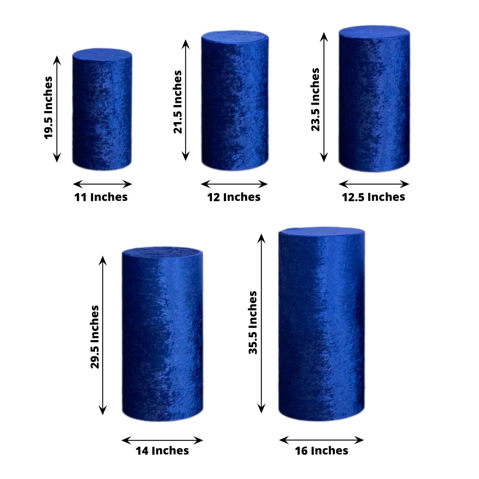 Royal blue crushed velvet cylinder pedestal stand covers set of 5.
