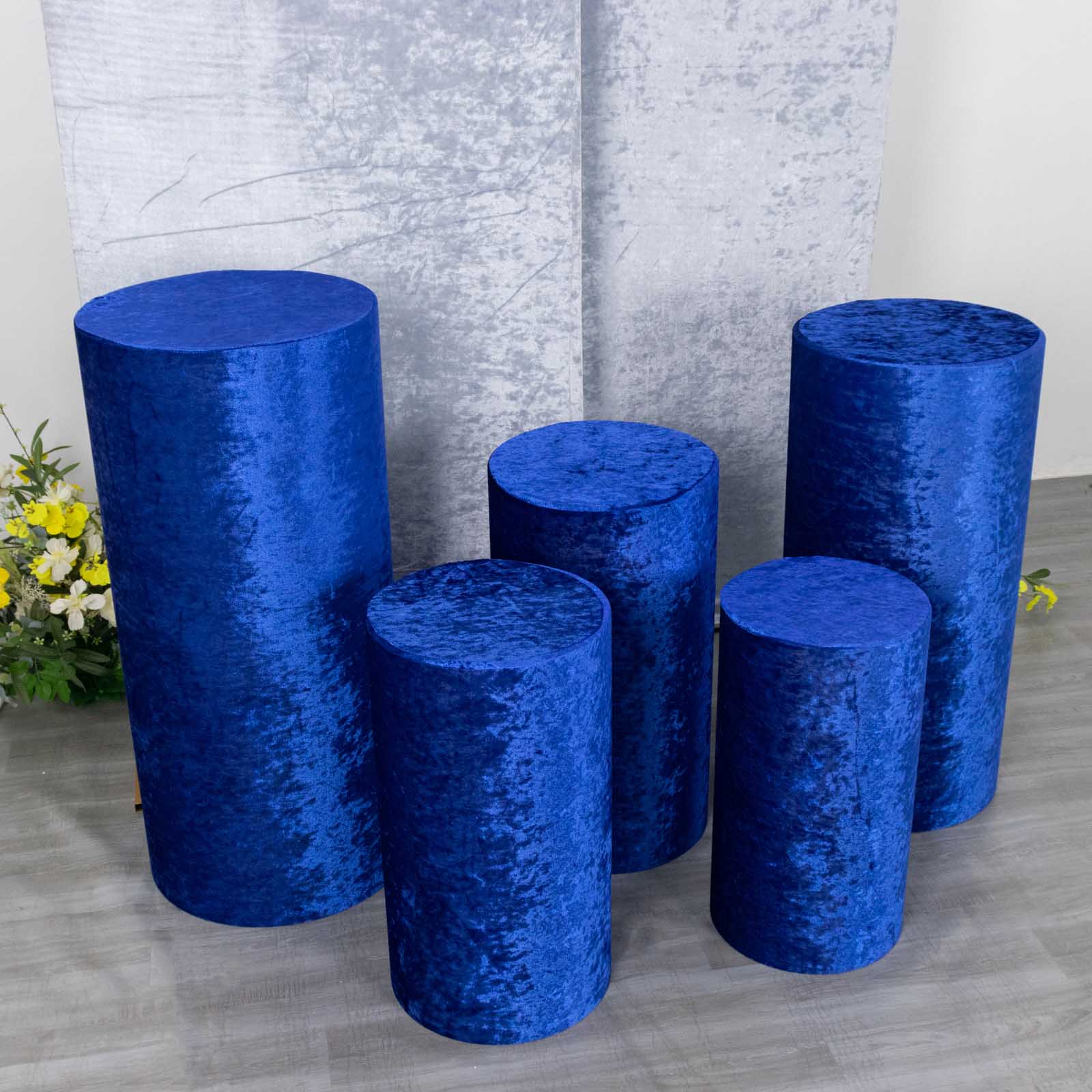 Royal blue crushed velvet pedestal stand covers set of 5.