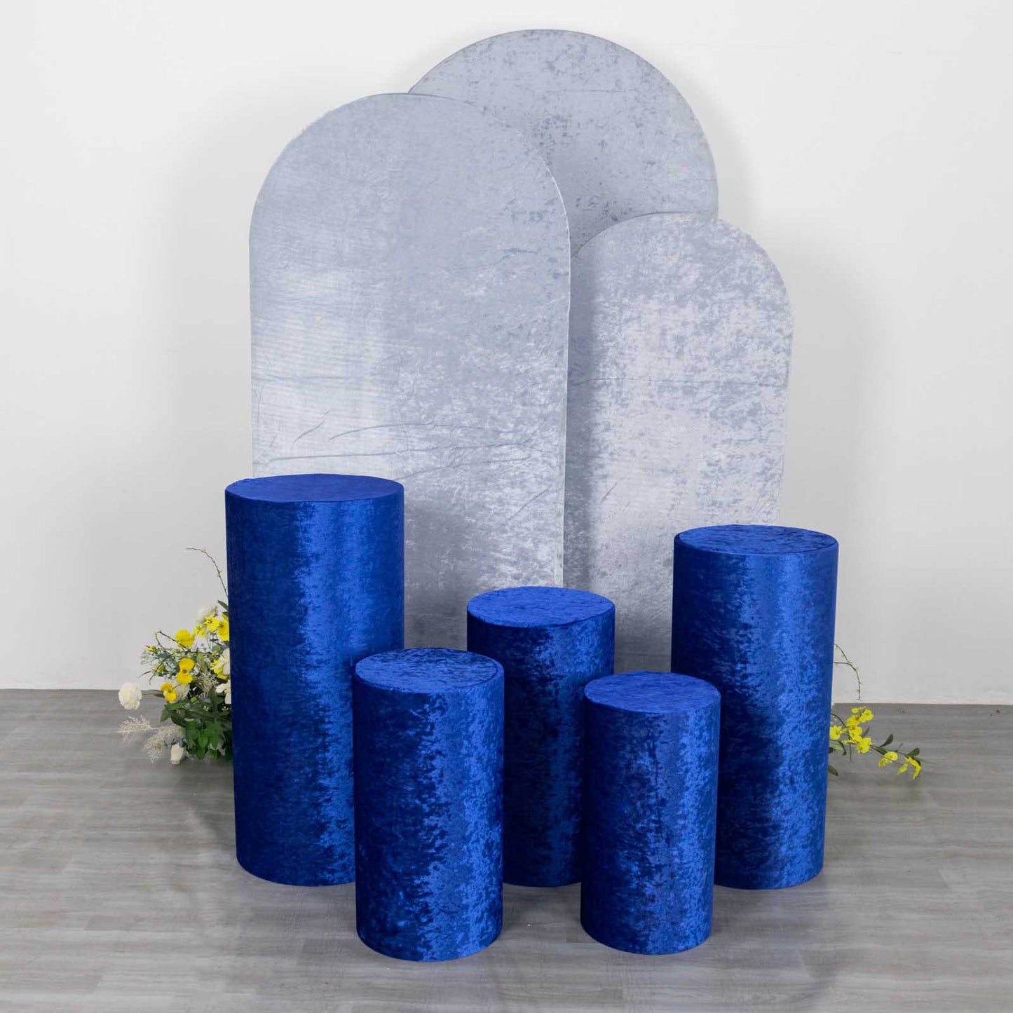 Royal blue crushed velvet pedestal stand covers set of 5.