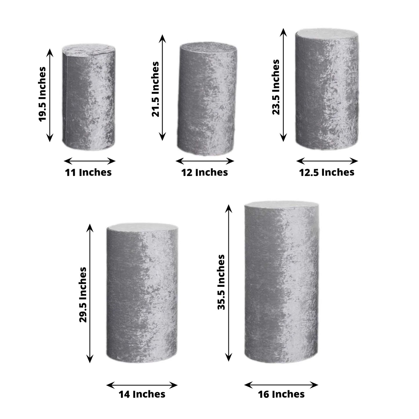 Set of 5 silver crushed velvet pedestal stand covers in various sizes.