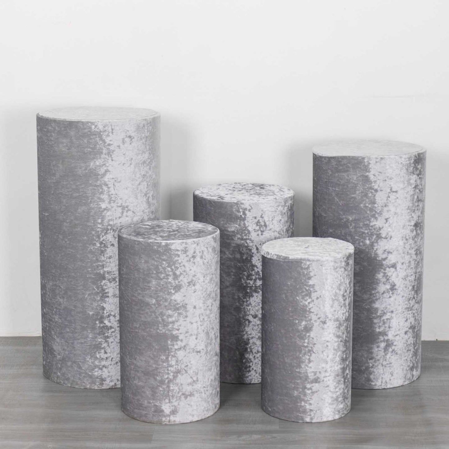 Silver crushed velvet pedestal stand covers set of 5.