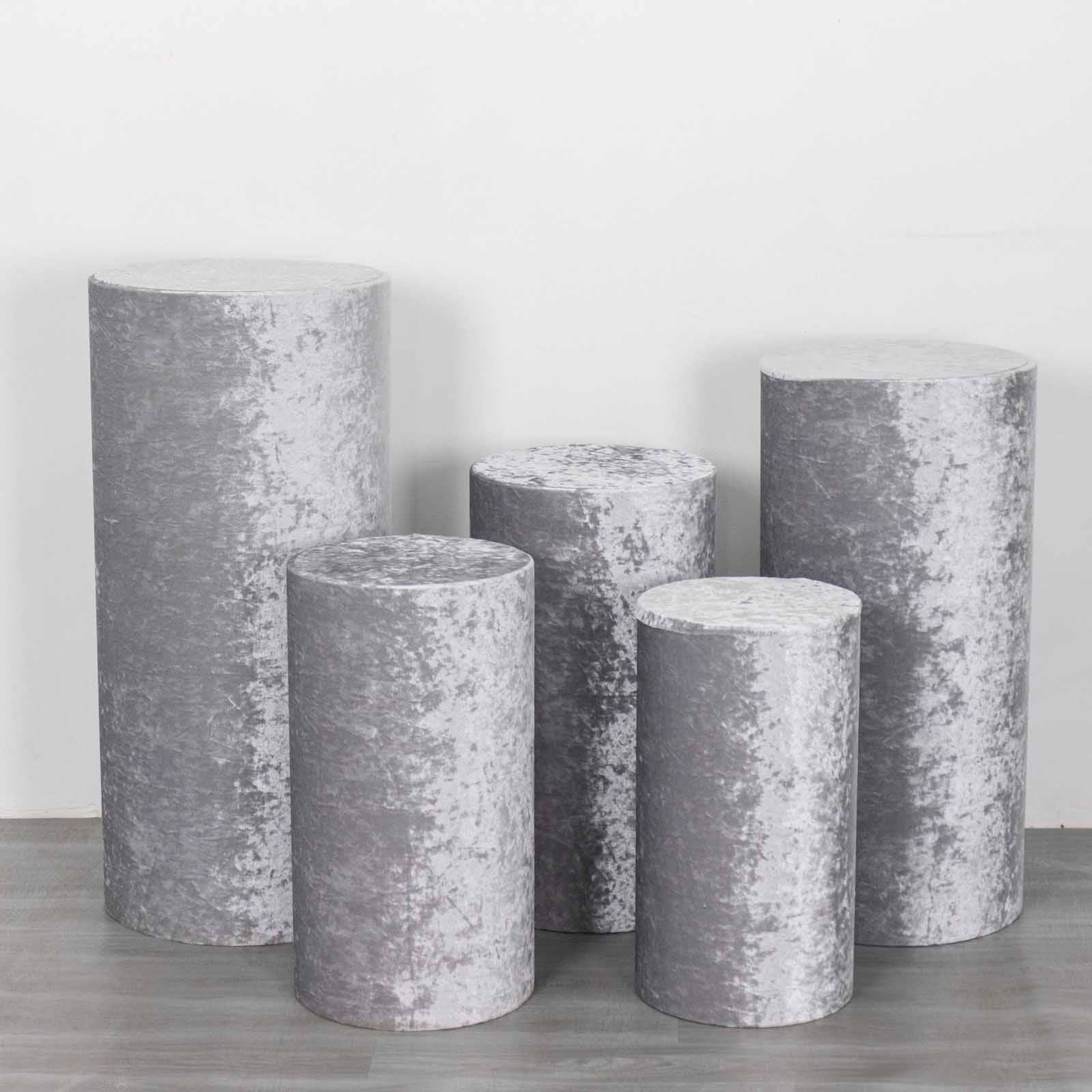 Silver crushed velvet pedestal stand covers set of 5.