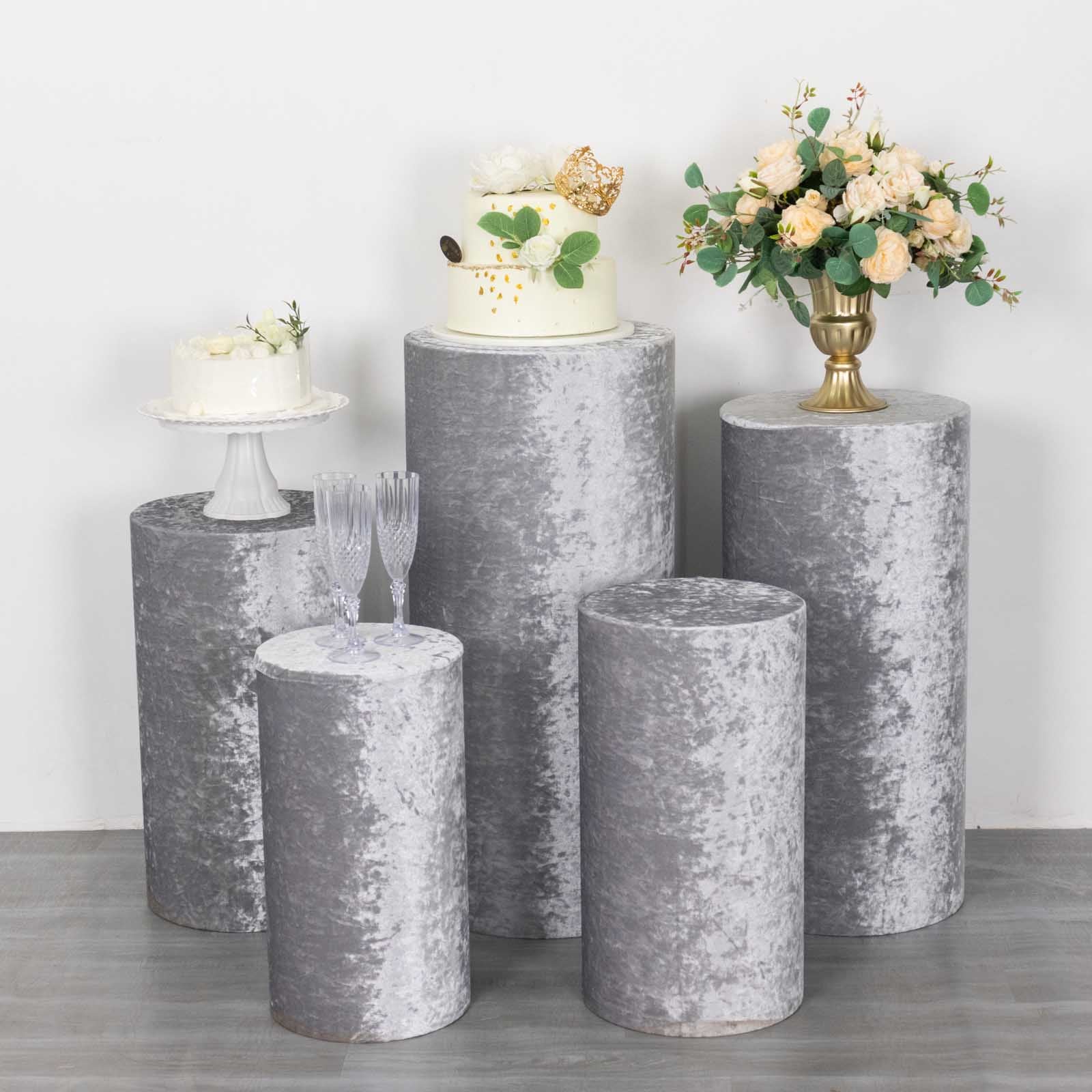 Set of 5 Silver Crushed Velvet Cylinder Pedestal Stand Covers