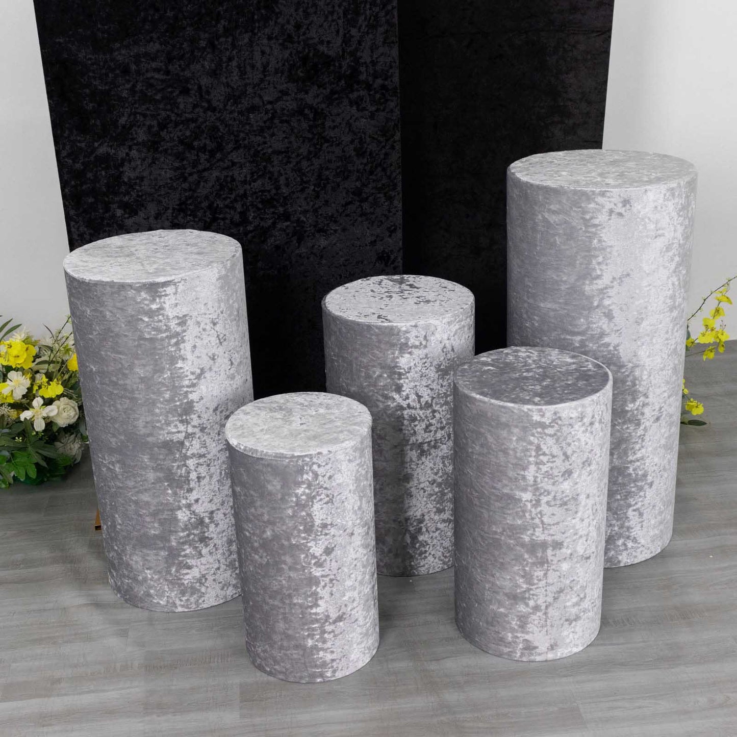 Silver crushed velvet pedestal stand covers set of 5.