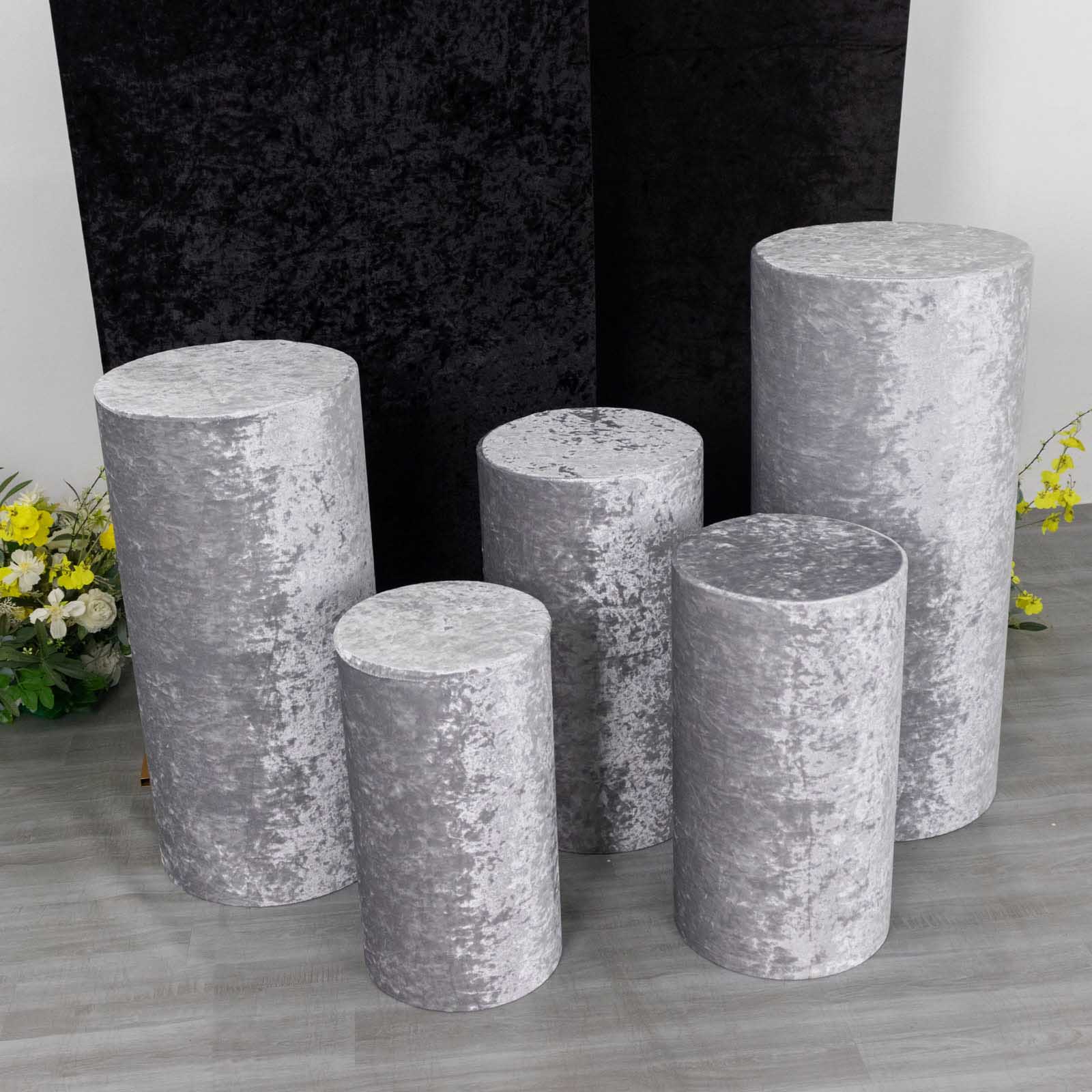 Silver crushed velvet pedestal stand covers set of 5.