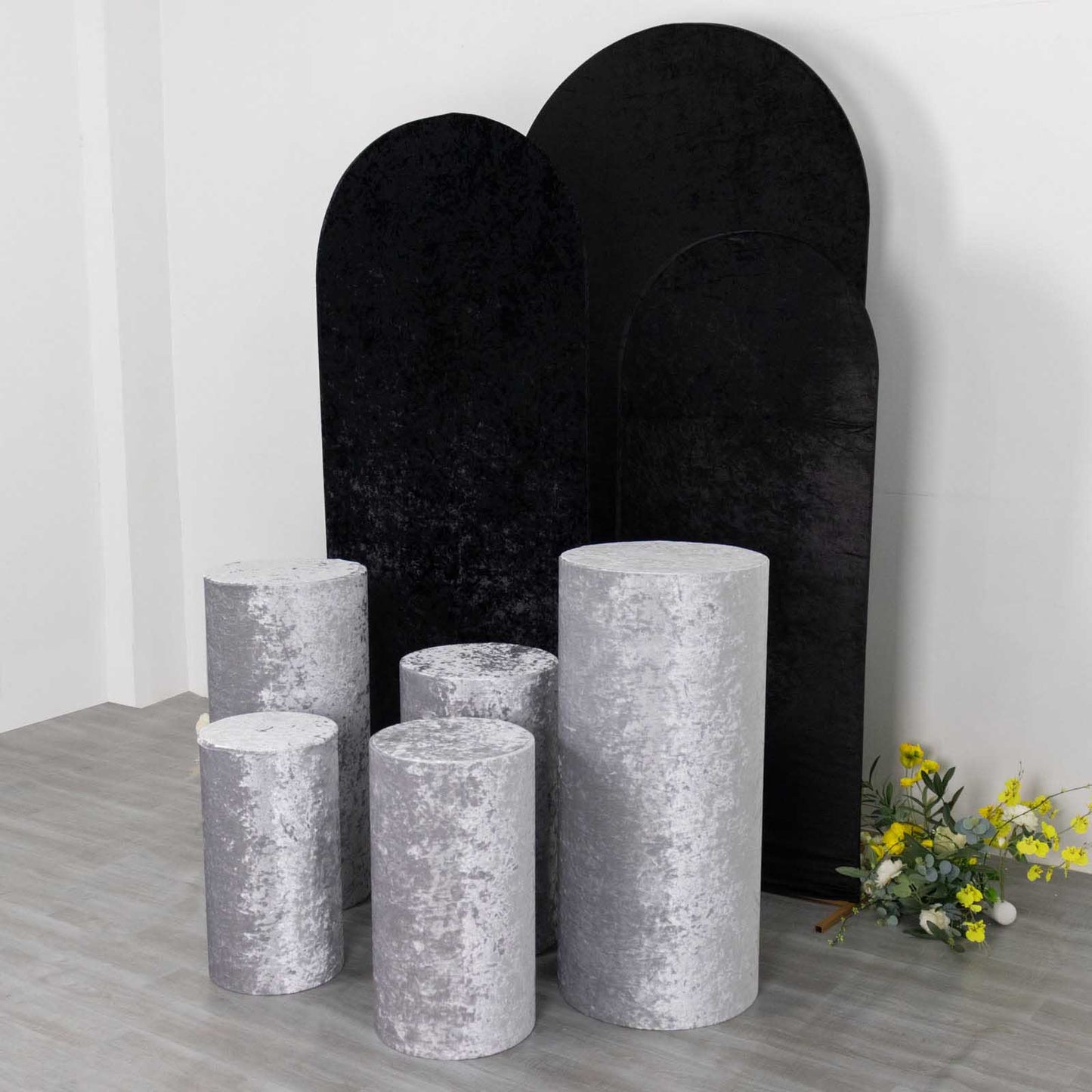 Set of 5 silver crushed velvet pedestal stand covers.