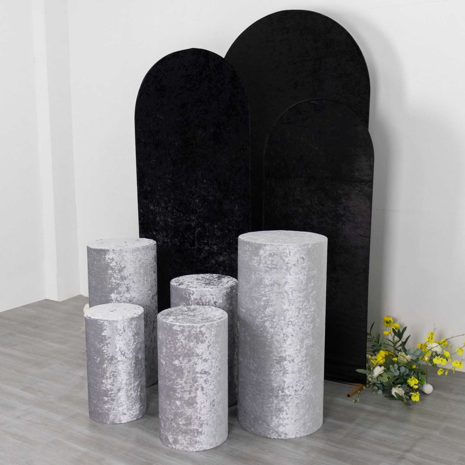 Set of 5 silver crushed velvet pedestal stand covers.