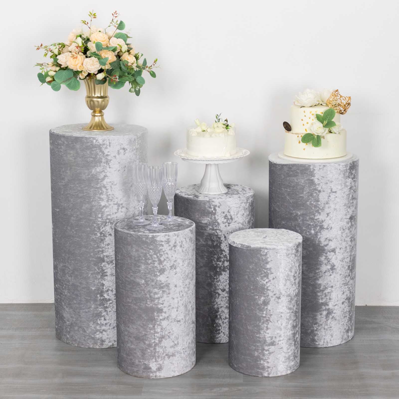 Silver crushed velvet pedestal stand covers set of 5.