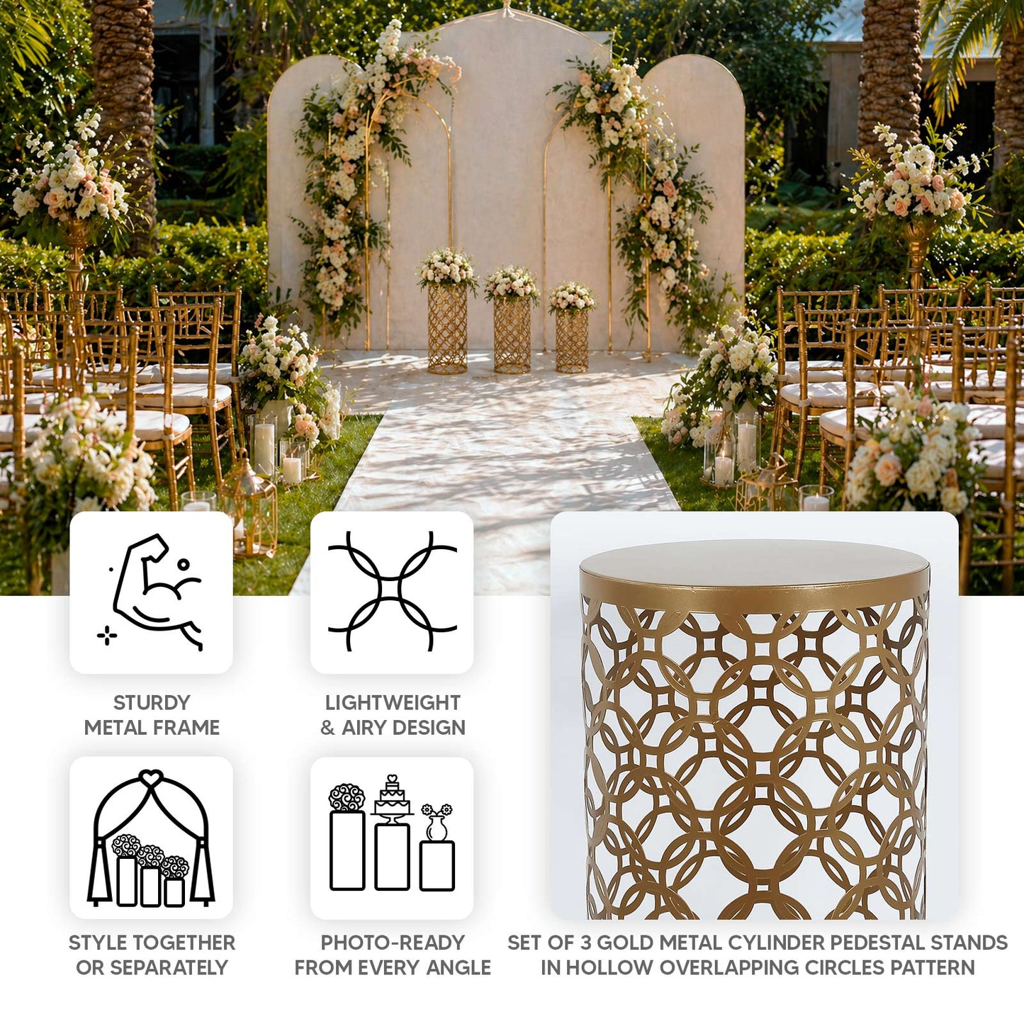 Gold metal cylinder pillar cake display stands in hollow overlapping circles pattern.