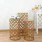 Gold metal cylinder cake display stands in a hollow overlapping circles pattern.