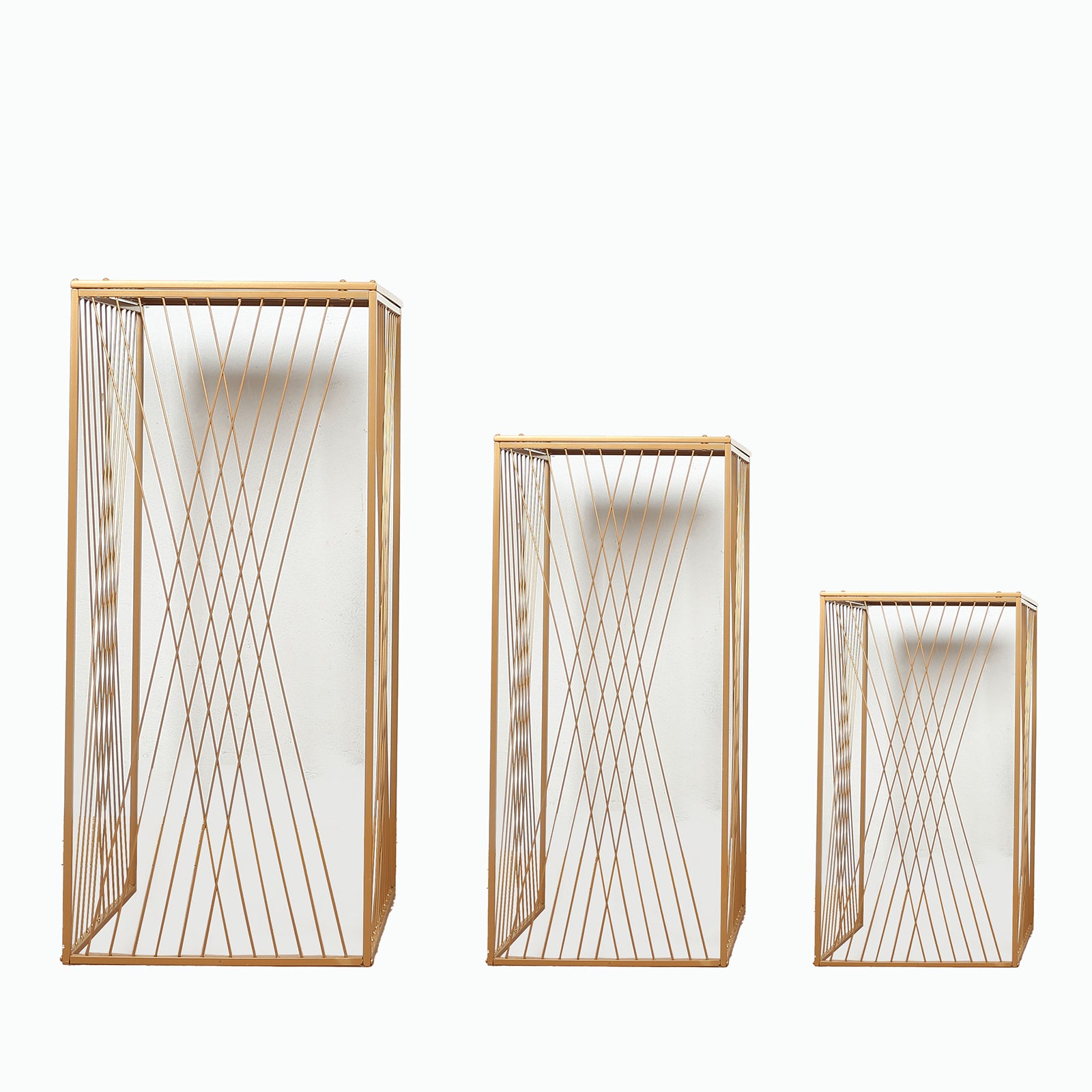 Gold metal rectangular plant stands with geometric pattern, nesting tables set of 3.