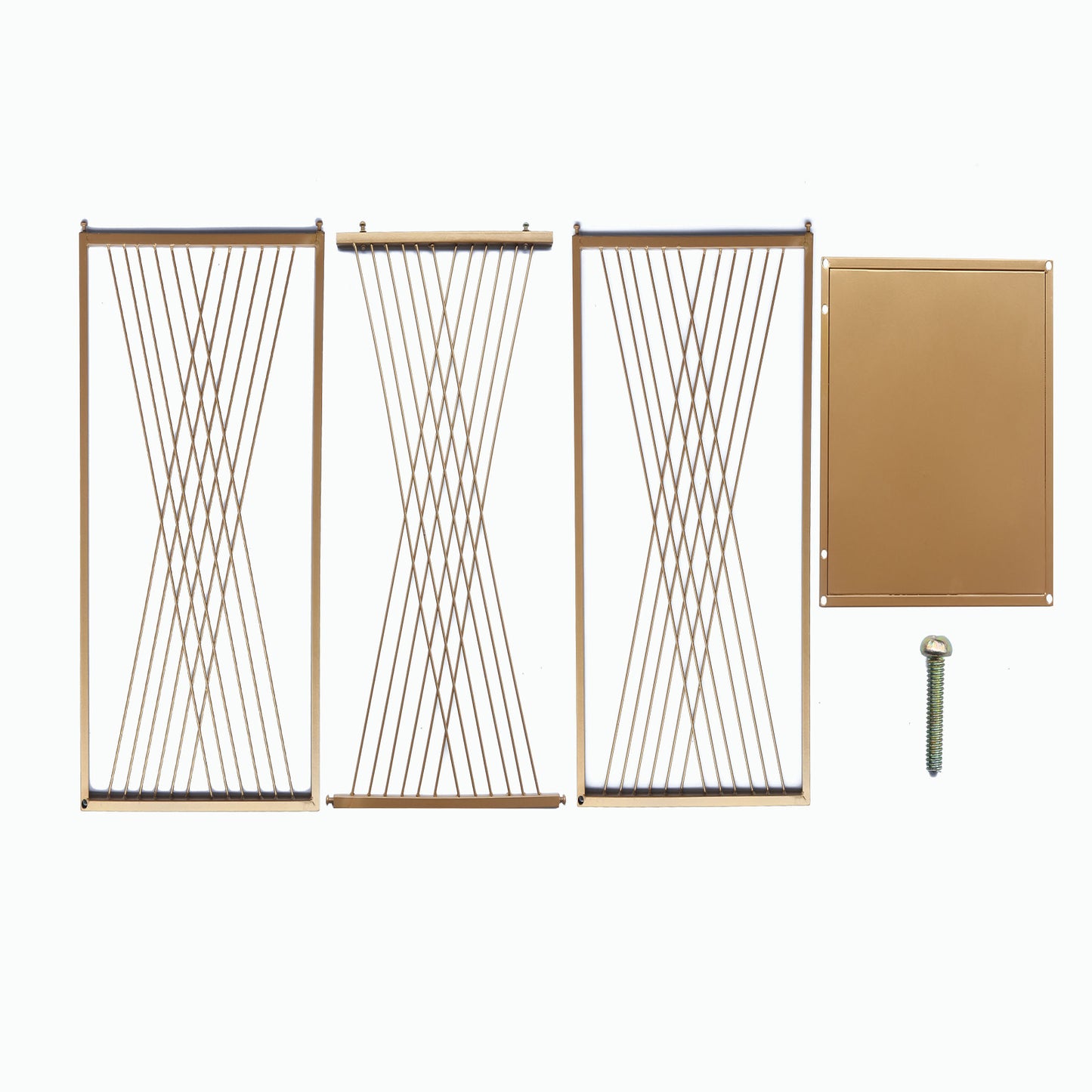 Gold metal rectangular plant stands with geometric crossed lines pattern.