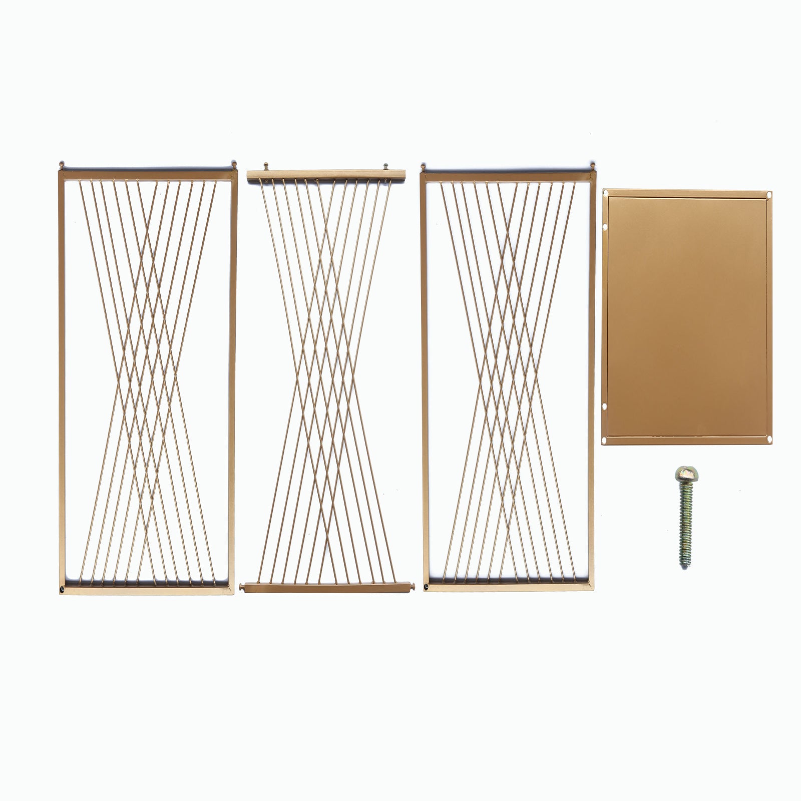 Gold metal rectangular plant stands with geometric crossed lines pattern.