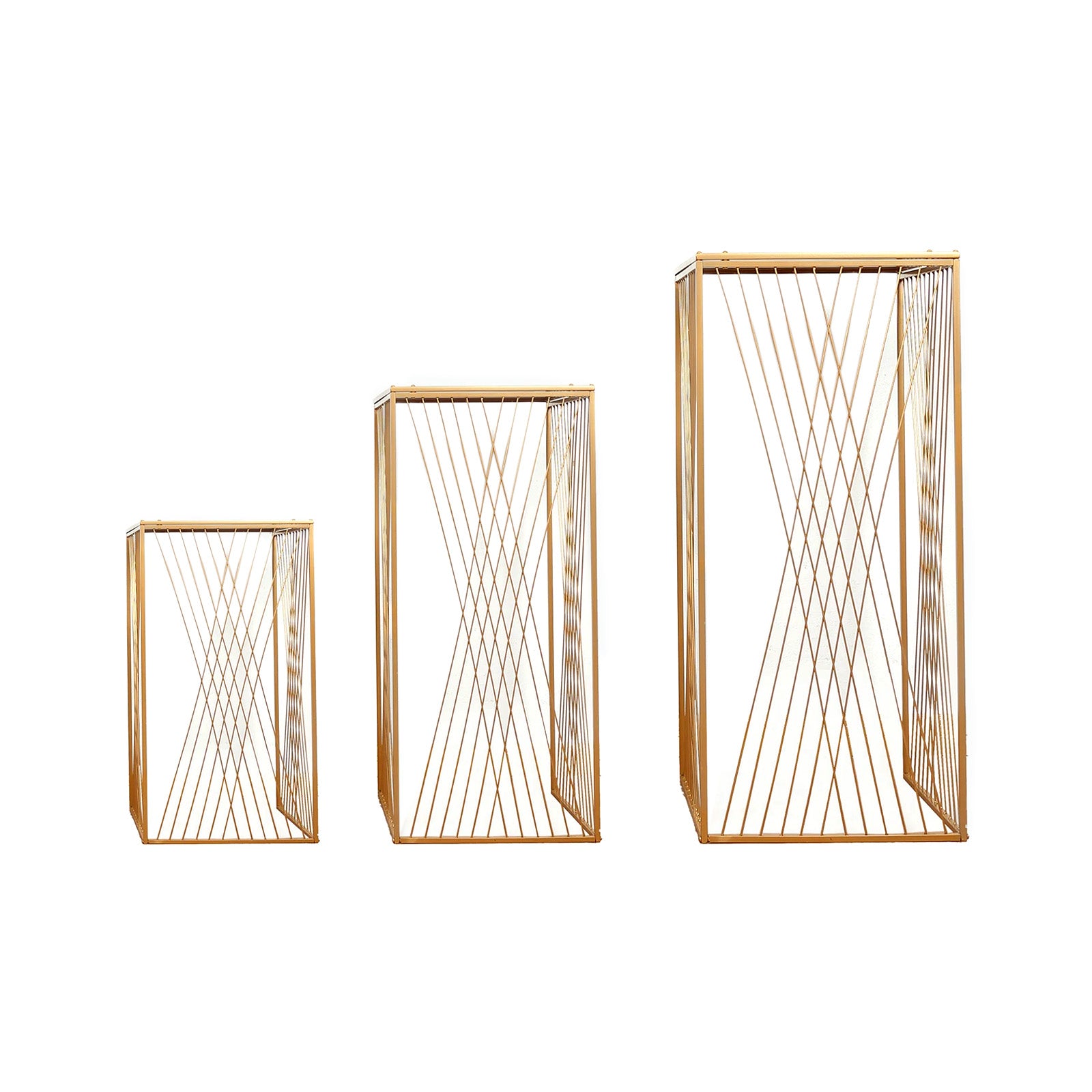 Gold metal rectangular plant stands with geometric crossed lines pattern, set of 3.