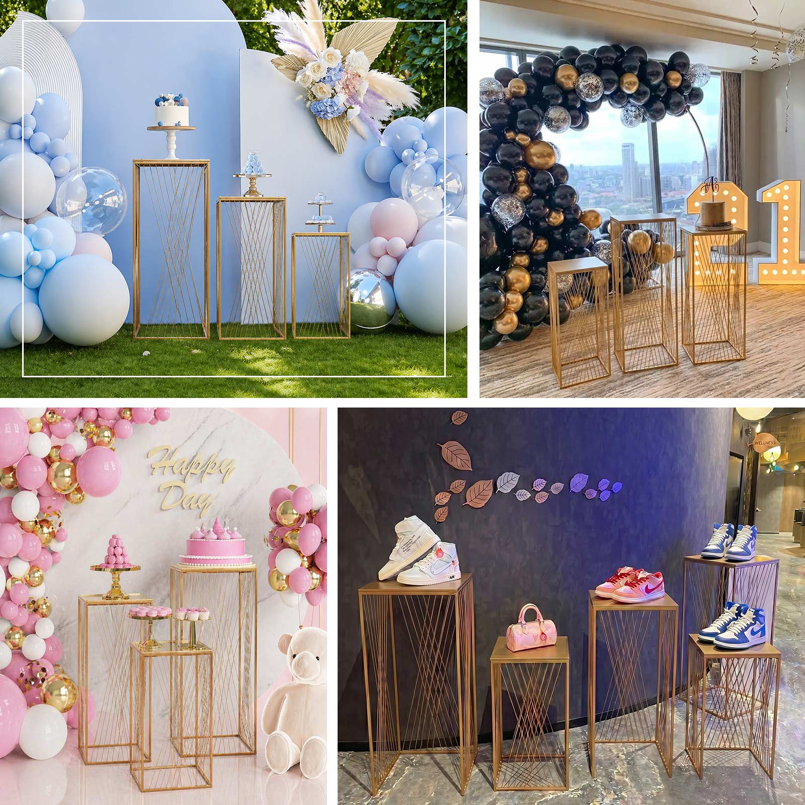 Gold metal rectangular plant stands with geometric pattern in various setups.