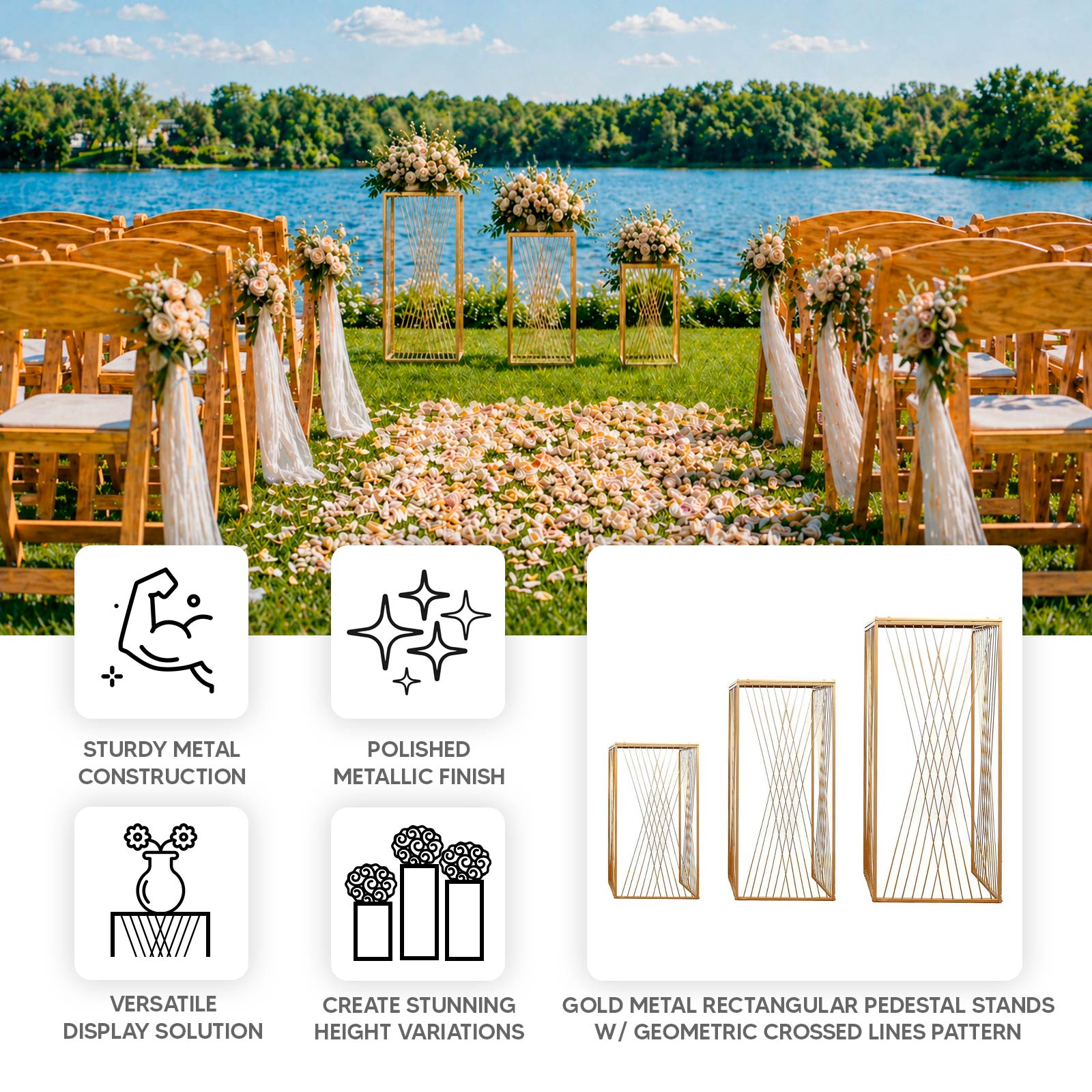 Gold metal rectangular plant stands with geometric pattern, perfect for displays.