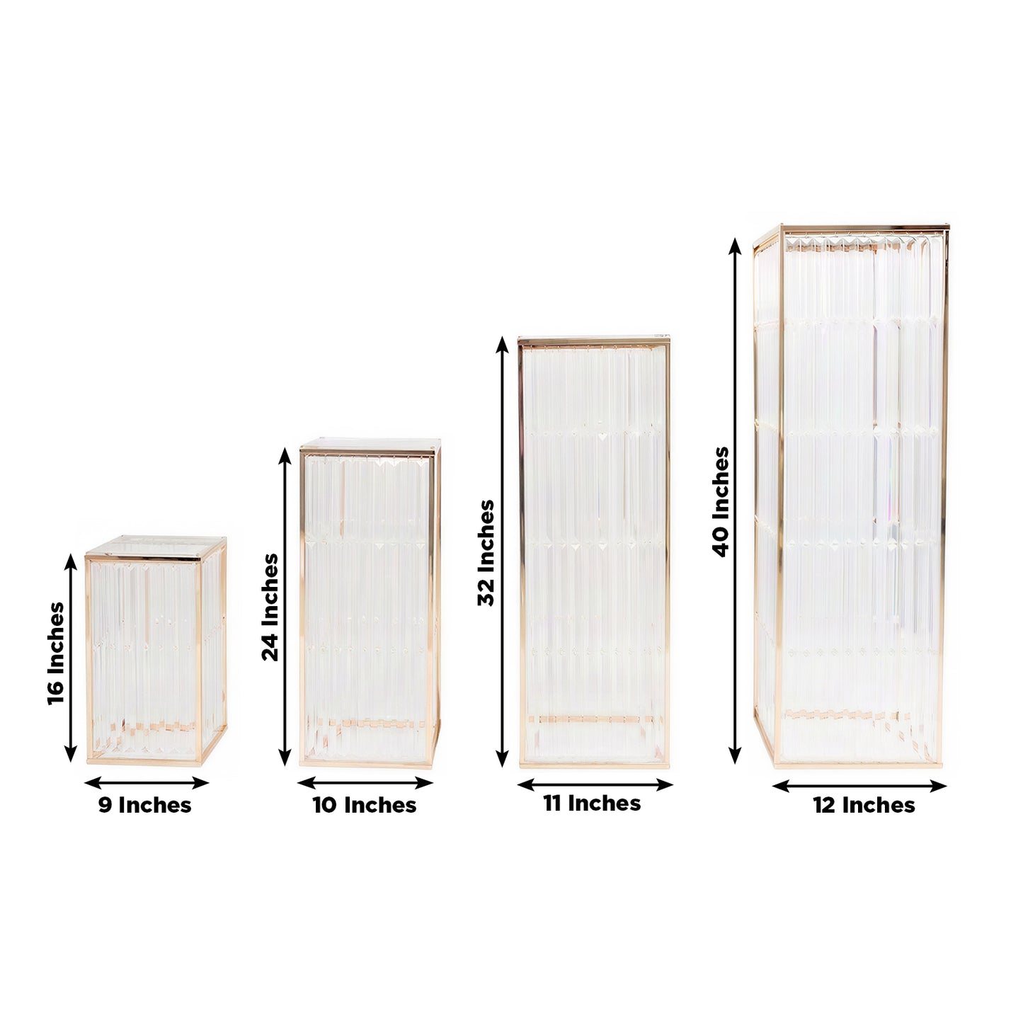 Gold metal pedestal stands set of 4 with acrylic tops and crystal accents.